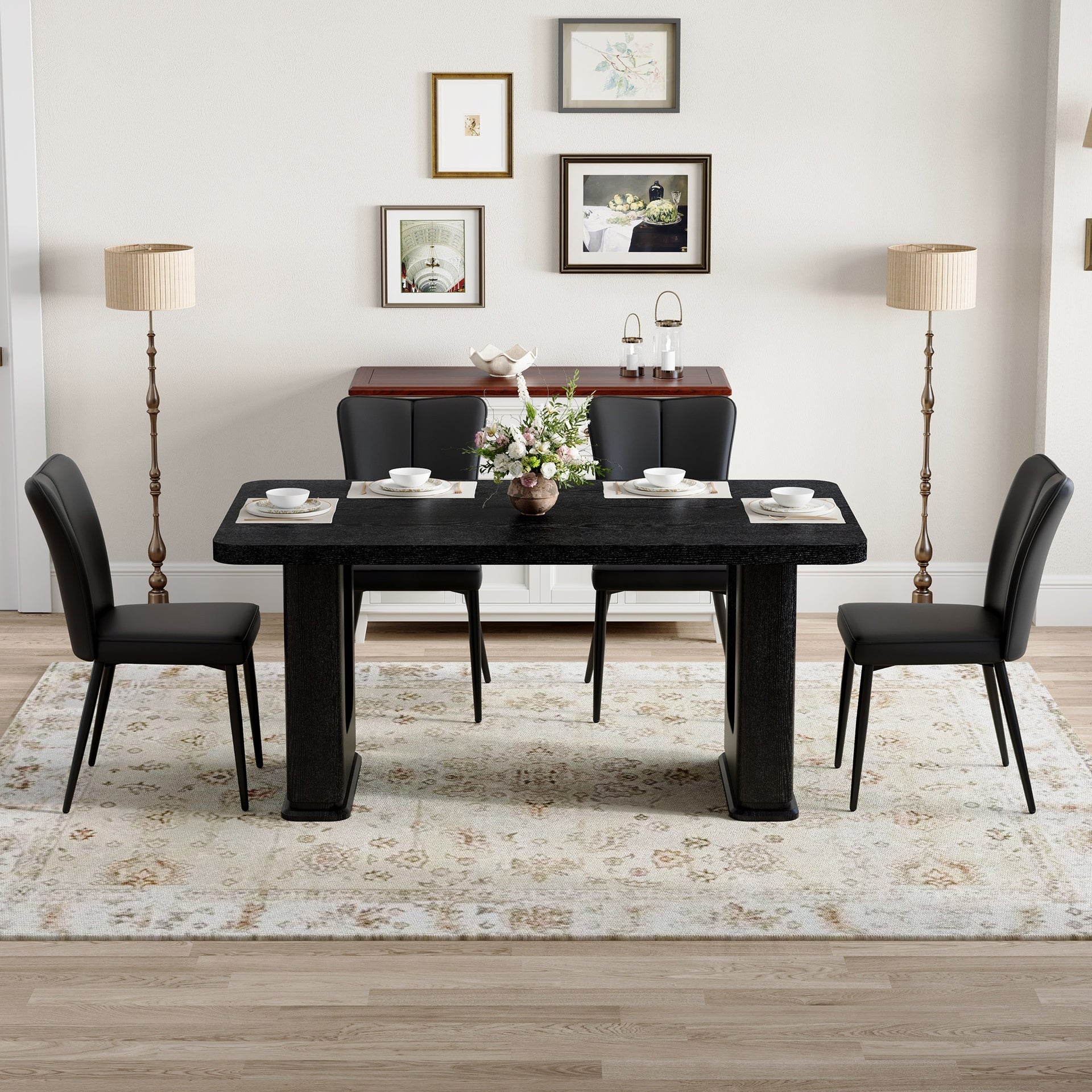 Table and chair set. 64.5 x 35.4 Inch Stylish Black Wood Color Textured Dining Table.Paired with 4 Black PU chairs with a vertical stripe design on the backrest and black metal legs.