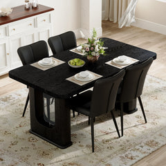 Table and chair set. 64.5 x 35.4 Inch Stylish Black Wood Color Textured Dining Table.Paired with 4 Black PU chairs with a vertical stripe design on the backrest and black metal legs.