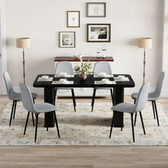 Table and chair set.64.5 x 35.4 Inch Stylish Black Wood Color Textured Dining Table.Paired with 6 Light Gray Linen-Cotton Material High Resilience Dining Chair with Metal Leg.