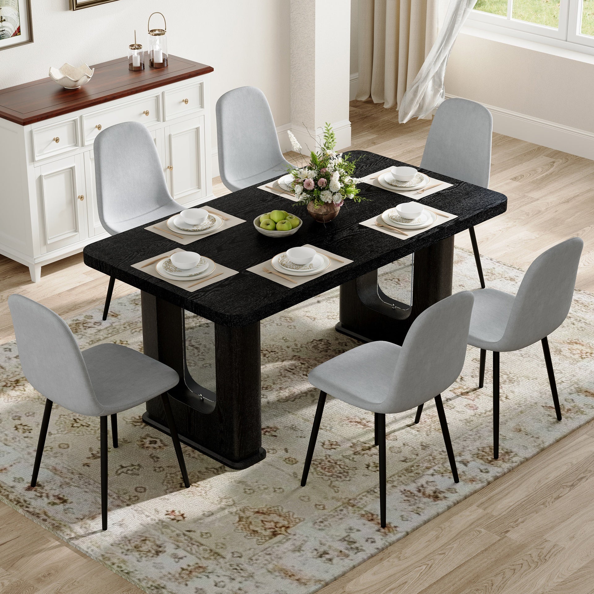 Table and chair set.64.5 x 35.4 Inch Stylish Black Wood Color Textured Dining Table.Paired with 6 Light Gray Linen-Cotton Material High Resilience Dining Chair with Metal Leg.