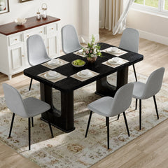 Table and chair set.64.5 x 35.4 Inch Stylish Black Wood Color Textured Dining Table.Paired with 6 Light Gray Linen-Cotton Material High Resilience Dining Chair with Metal Leg.