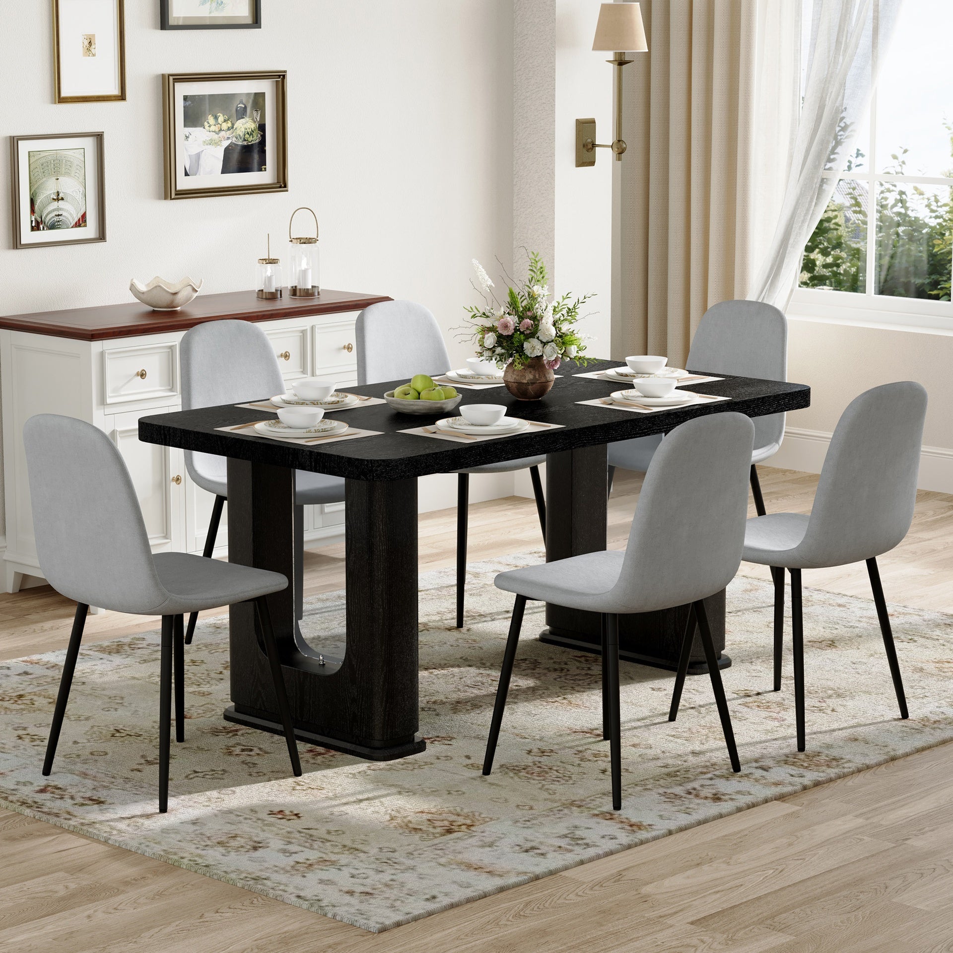 Table and chair set.64.5 x 35.4 Inch Stylish Black Wood Color Textured Dining Table.Paired with 6 Light Gray Linen-Cotton Material High Resilience Dining Chair with Metal Leg.