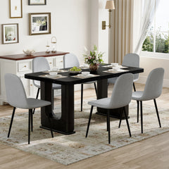 Table and chair set.64.5 x 35.4 Inch Stylish Black Wood Color Textured Dining Table.Paired with 6 Light Gray Linen-Cotton Material High Resilience Dining Chair with Metal Leg.