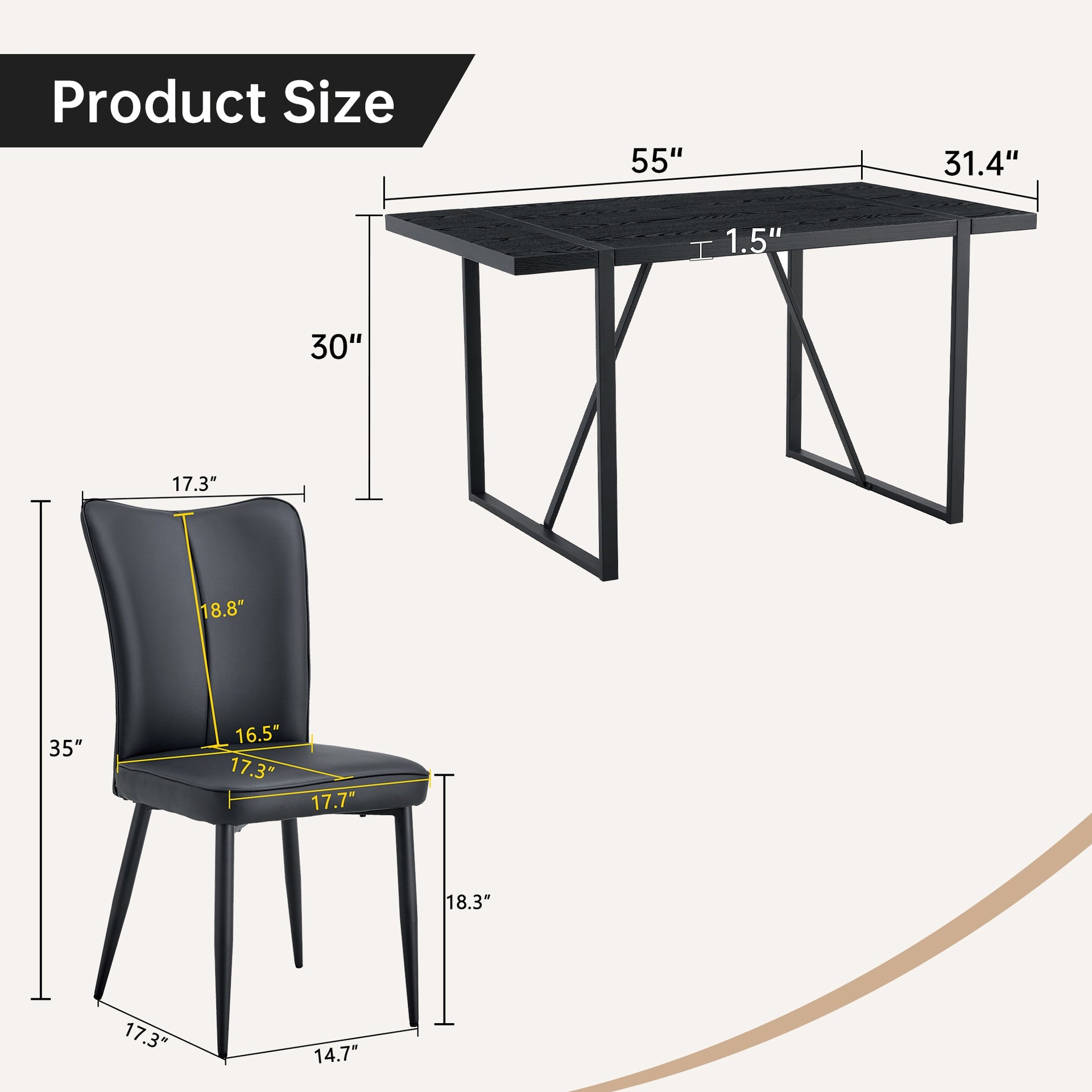 Black Faux Wood Grain MDF Dining Table Set.A minimalist retro rectangular dining table with a black textured top.Paired with 4 Black PU chairs with a vertical stripe design on the backrest.
