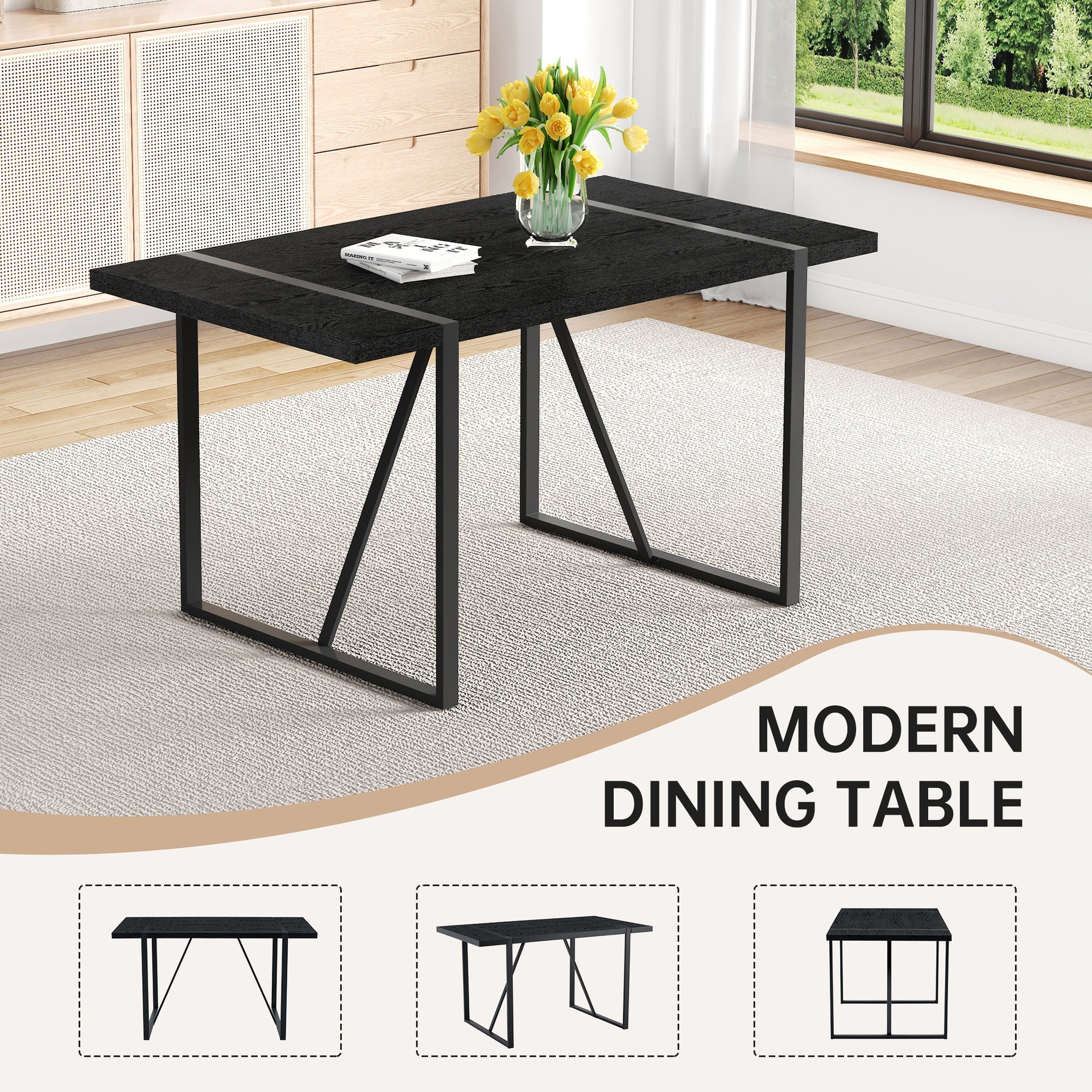 Black Faux Wood Grain MDF Dining Table Set.A minimalist retro rectangular dining table with a black textured top.Paired with 4 Black PU chairs with a vertical stripe design on the backrest.