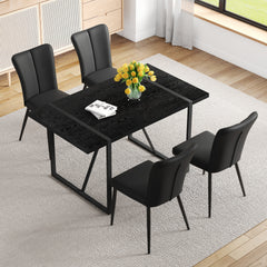 Black Faux Wood Grain MDF Dining Table Set.A minimalist retro rectangular dining table with a black textured top.Paired with 4 Black PU chairs with a vertical stripe design on the backrest.