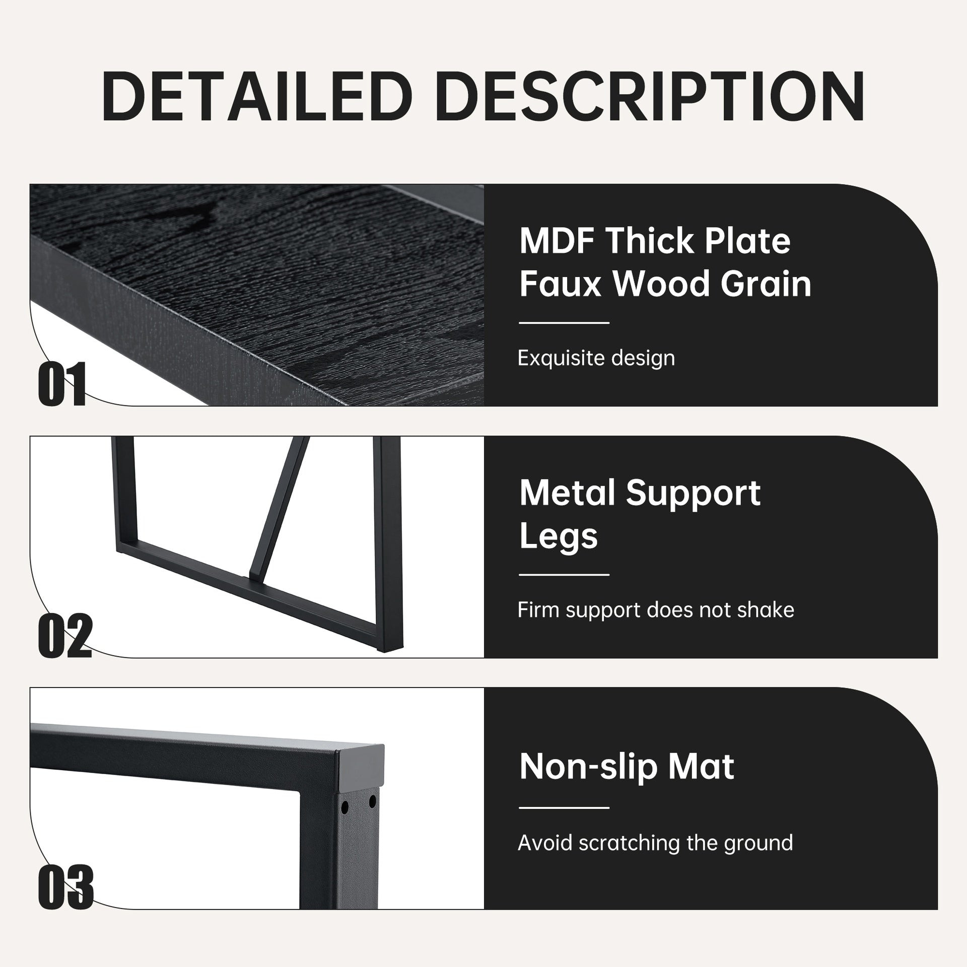 Black Faux Wood Grain MDF Dining Table Set.A minimalist retro rectangular dining table with a black textured top.Paired with 4 Black PU chairs with a vertical stripe design on the backrest.