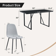 Table and Chair Set. A 55-Inch minimalist retro rectangular dining table with a black textured top.Paired with 6 Light Gray Linen-Cotton Material High Resilience Dining Chair with Metal Leg.