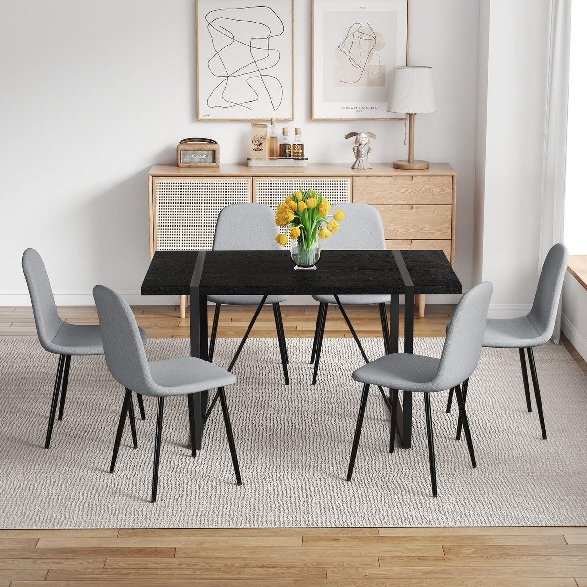 Table and Chair Set. A 55-Inch minimalist retro rectangular dining table with a black textured top.Paired with 6 Light Gray Linen-Cotton Material High Resilience Dining Chair with Metal Leg.