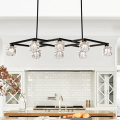 Matte Black Crystal  Chandelier for Dining Room, 8-Light Kitchen Chandelier Light Fixture Modern Metal Industrial  Chandeliers for Farmhouse Entryway Living Room (8*G9 Bulbs Included)
