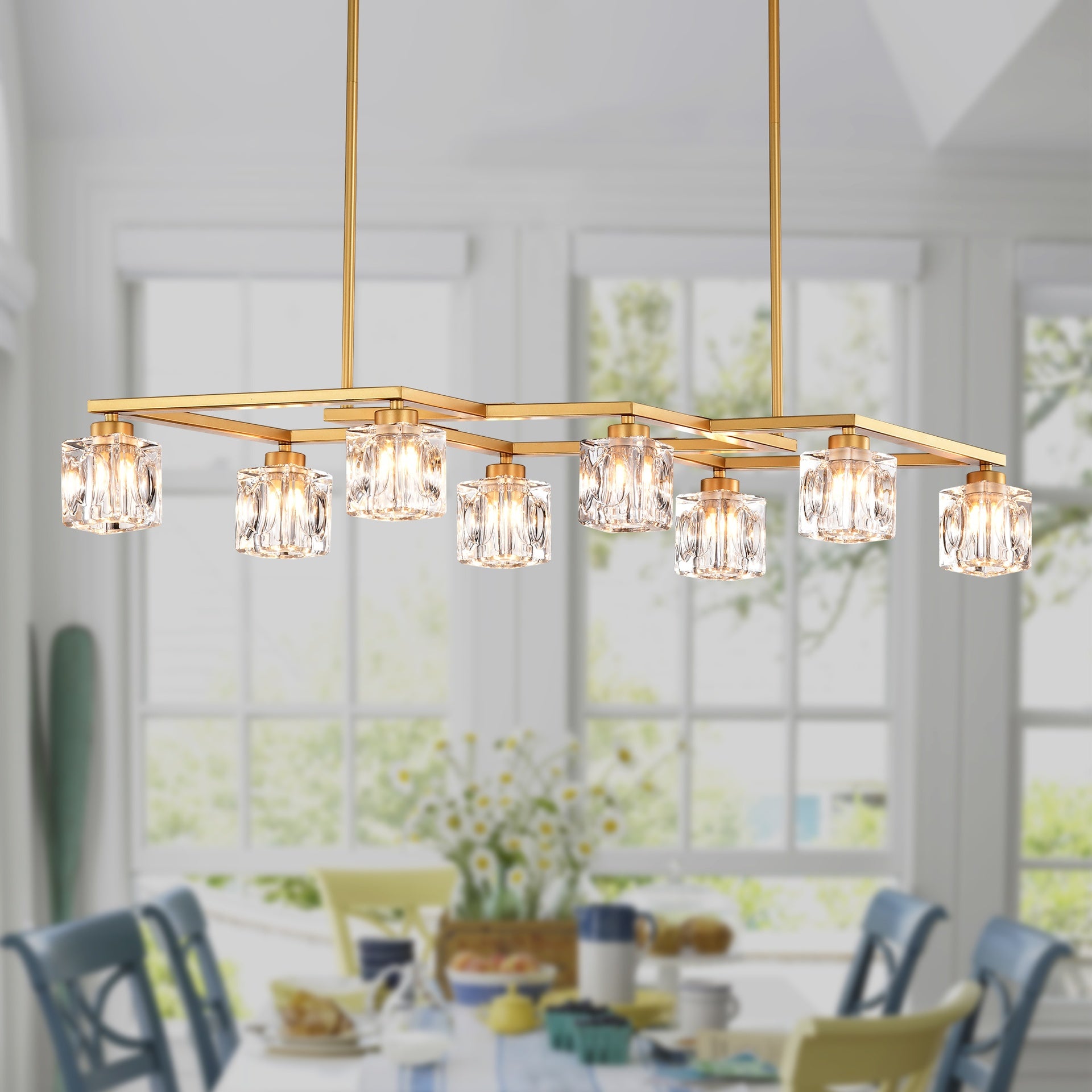 Crystal  Chandelier for Dining Room, 8-Light Kitchen Chandelier Light Fixture Modern Metal Industrial  Chandeliers for Farmhouse Entryway Living Room--Matte Gold (8*G9 Bulbs Included)