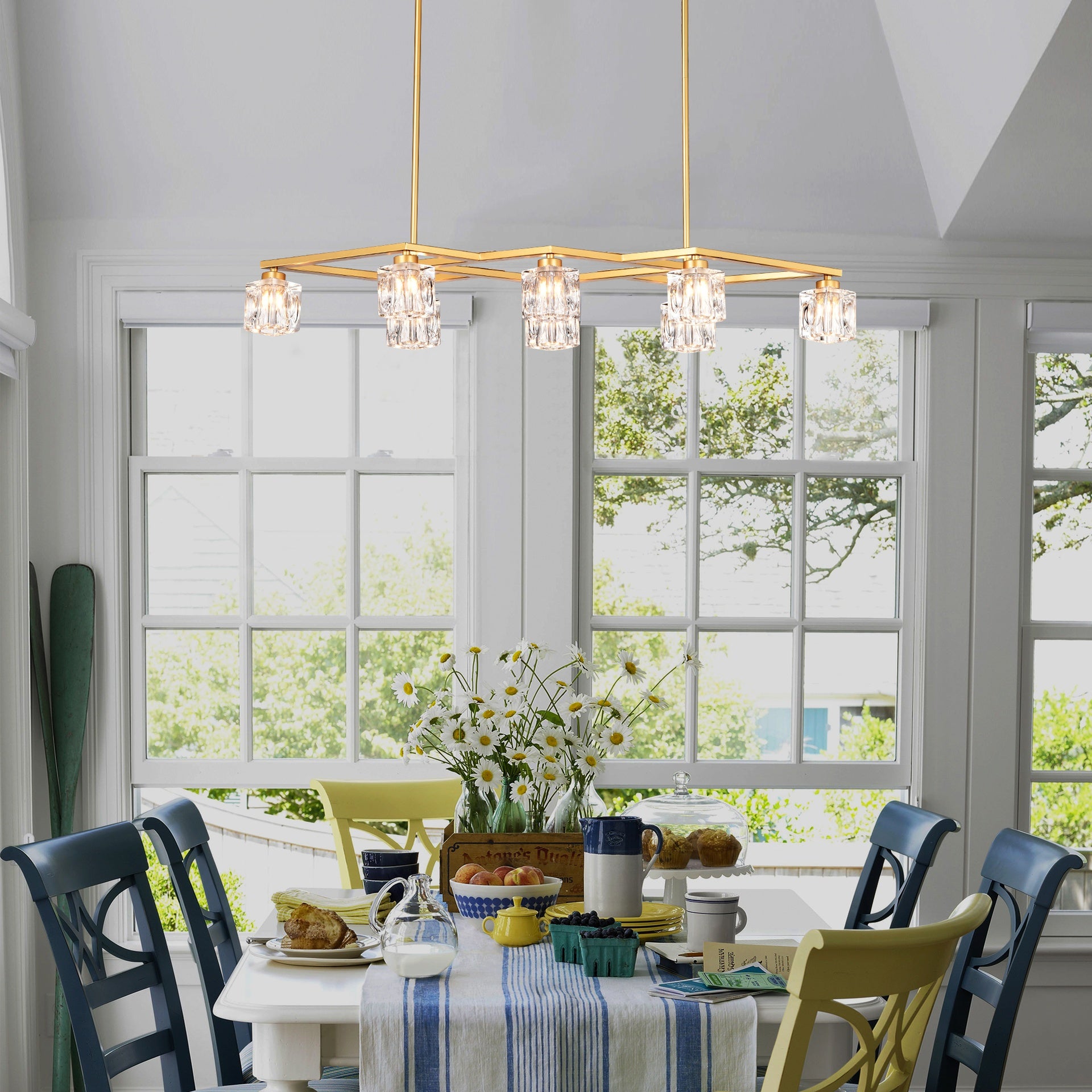 Crystal  Chandelier for Dining Room, 8-Light Kitchen Chandelier Light Fixture Modern Metal Industrial  Chandeliers for Farmhouse Entryway Living Room--Matte Gold (8*G9 Bulbs Included)