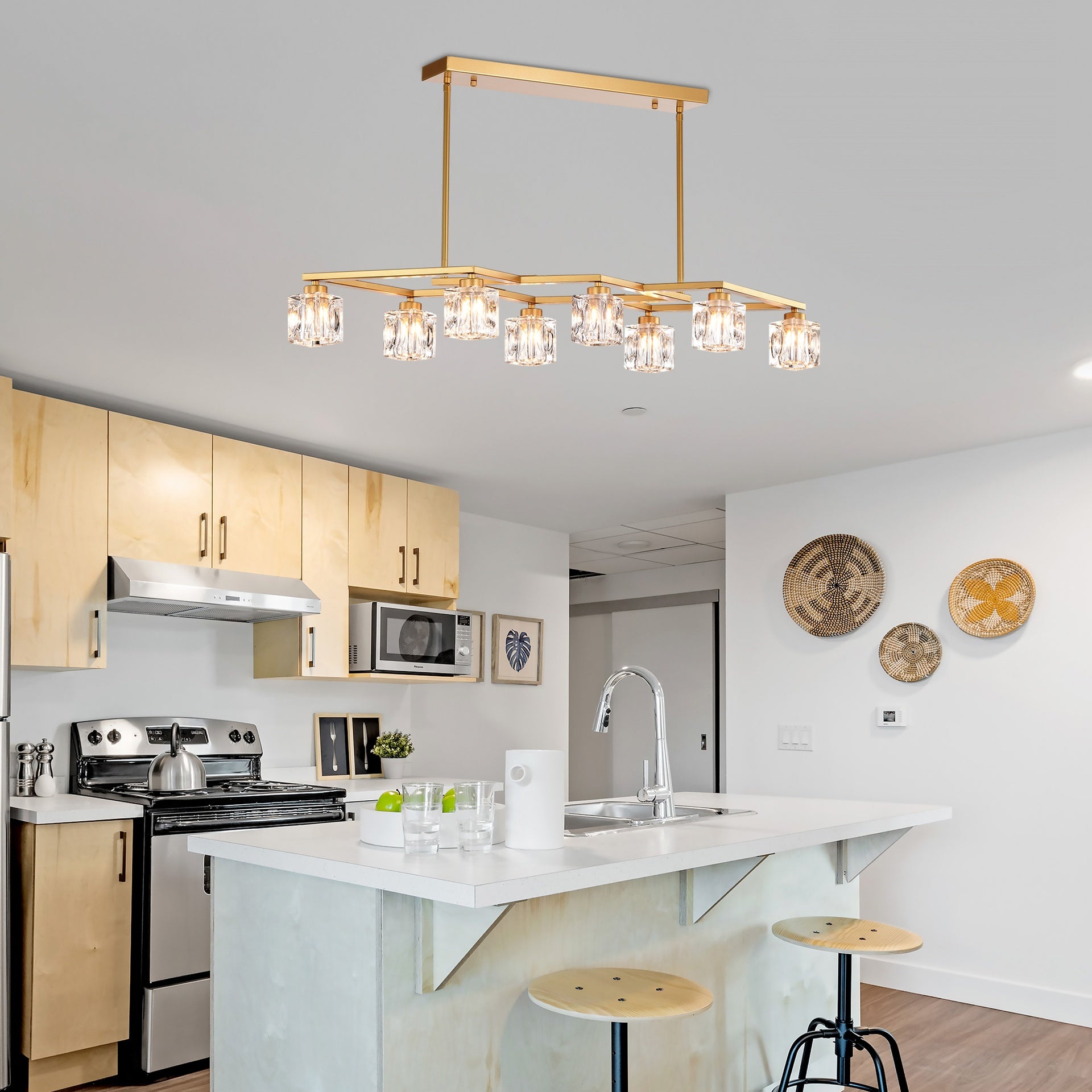 Crystal  Chandelier for Dining Room, 8-Light Kitchen Chandelier Light Fixture Modern Metal Industrial  Chandeliers for Farmhouse Entryway Living Room--Matte Gold (8*G9 Bulbs Included)
