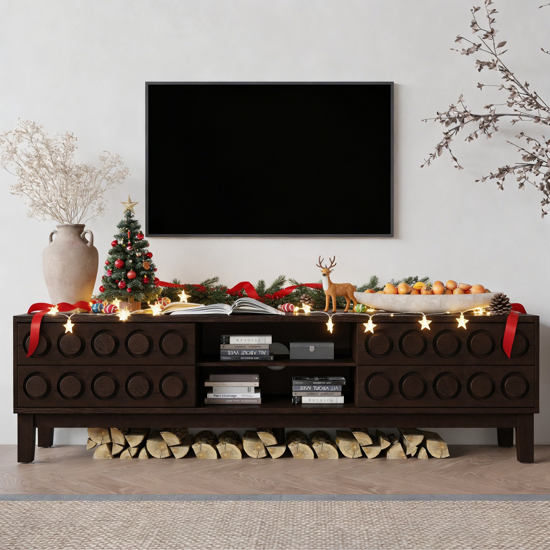 Modern Mid-Century Media Console with 4 Drawers and Cable Management, TV Console Table for TVs up to 75",Entertainment Center for Living Room and Office(Dark Brown)
