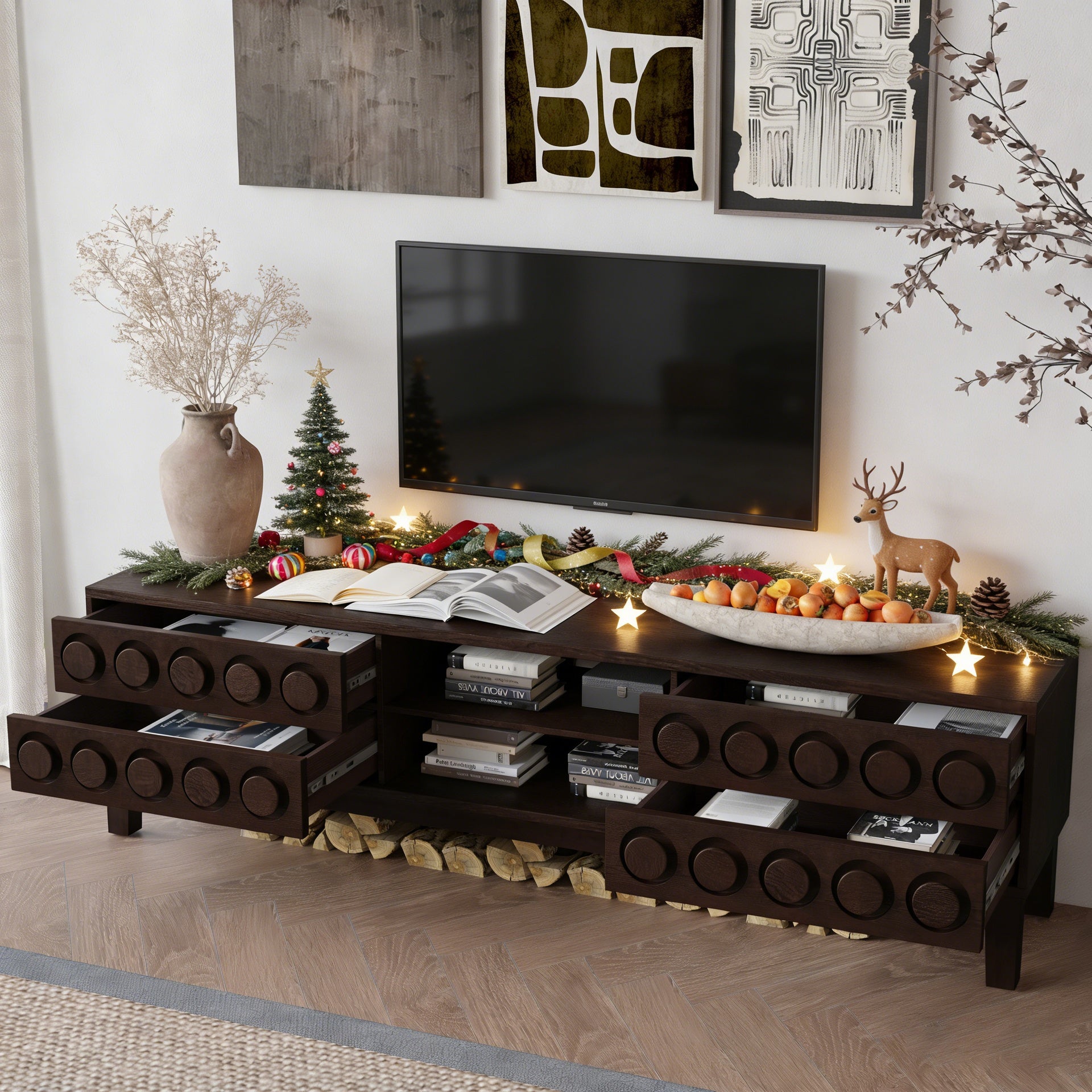 Modern Mid-Century Media Console with 4 Drawers and Cable Management, TV Console Table for TVs up to 75",Entertainment Center for Living Room and Office(Dark Brown)