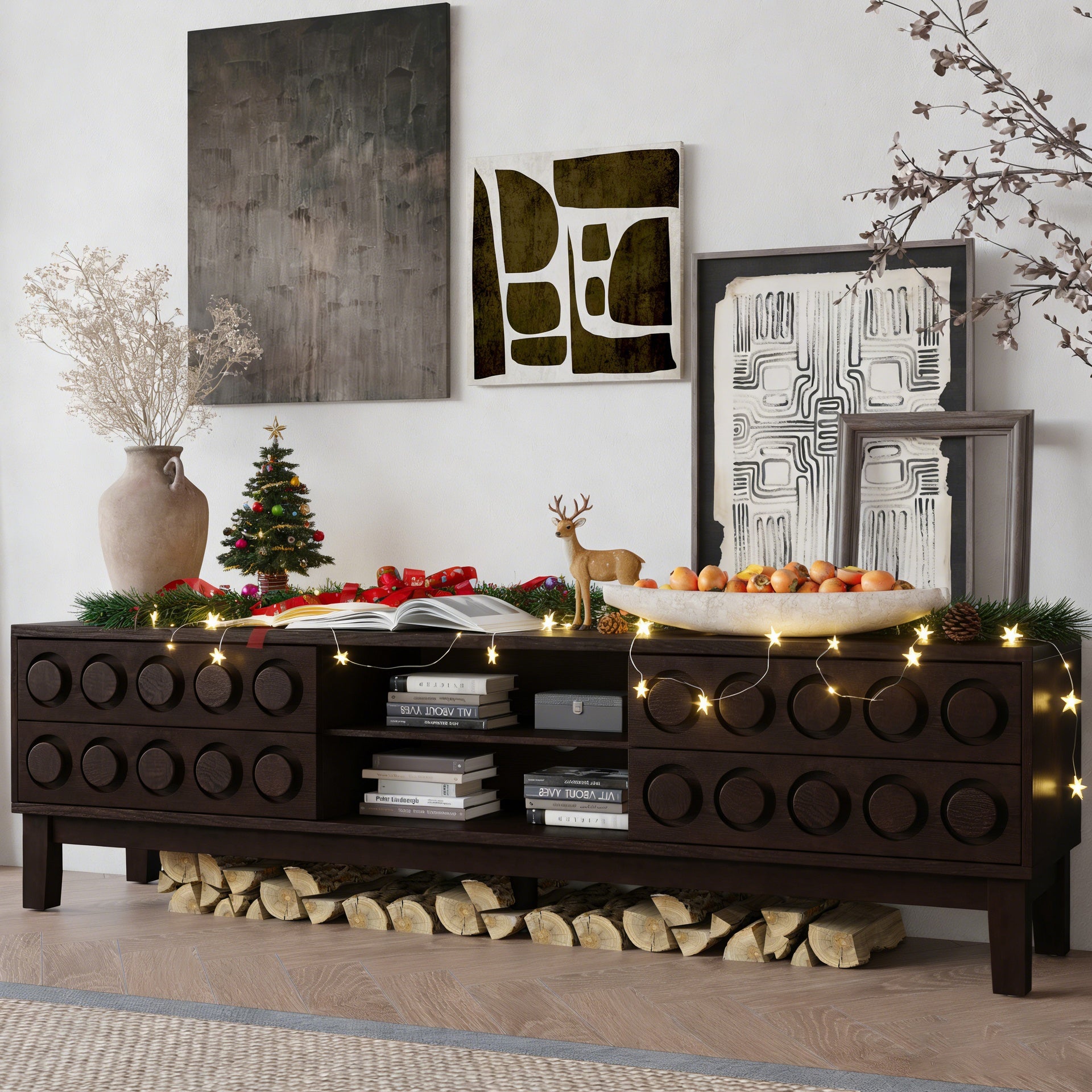 Modern Mid-Century Media Console with 4 Drawers and Cable Management, TV Console Table for TVs up to 75",Entertainment Center for Living Room and Office(Dark Brown)