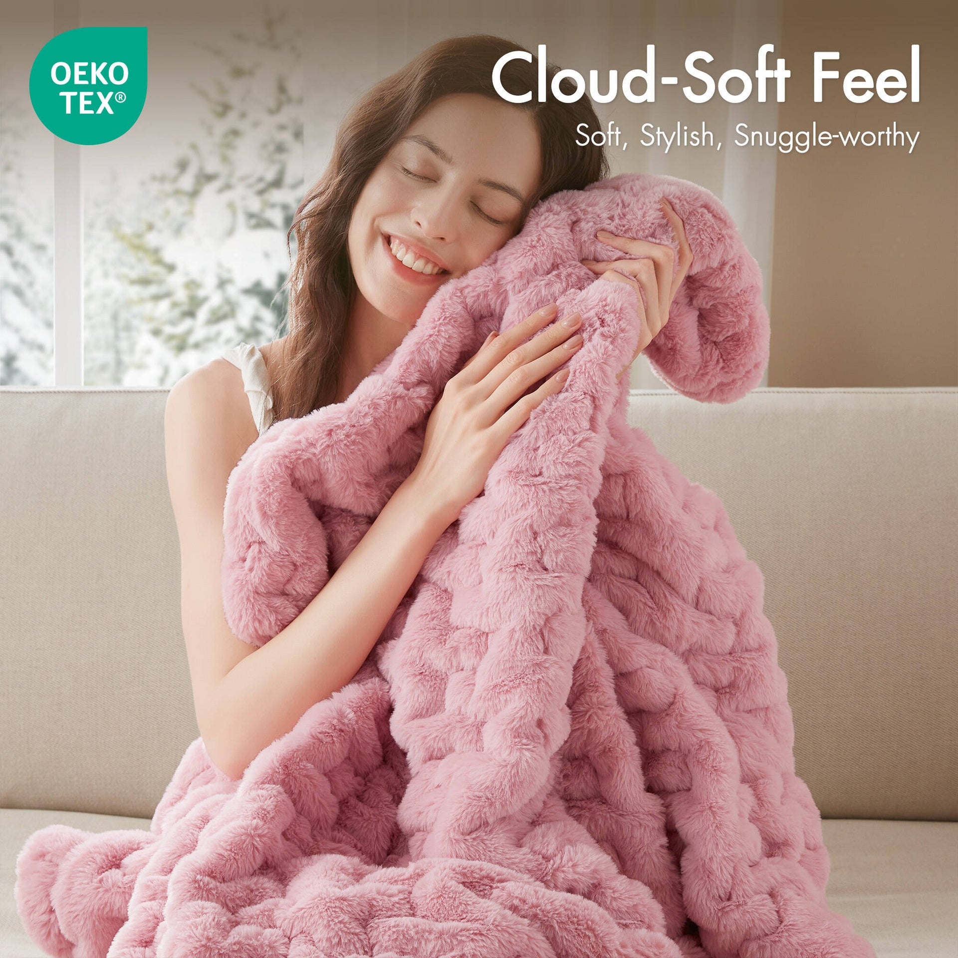1 PC 50x60" Ruched Fur Throw Pink