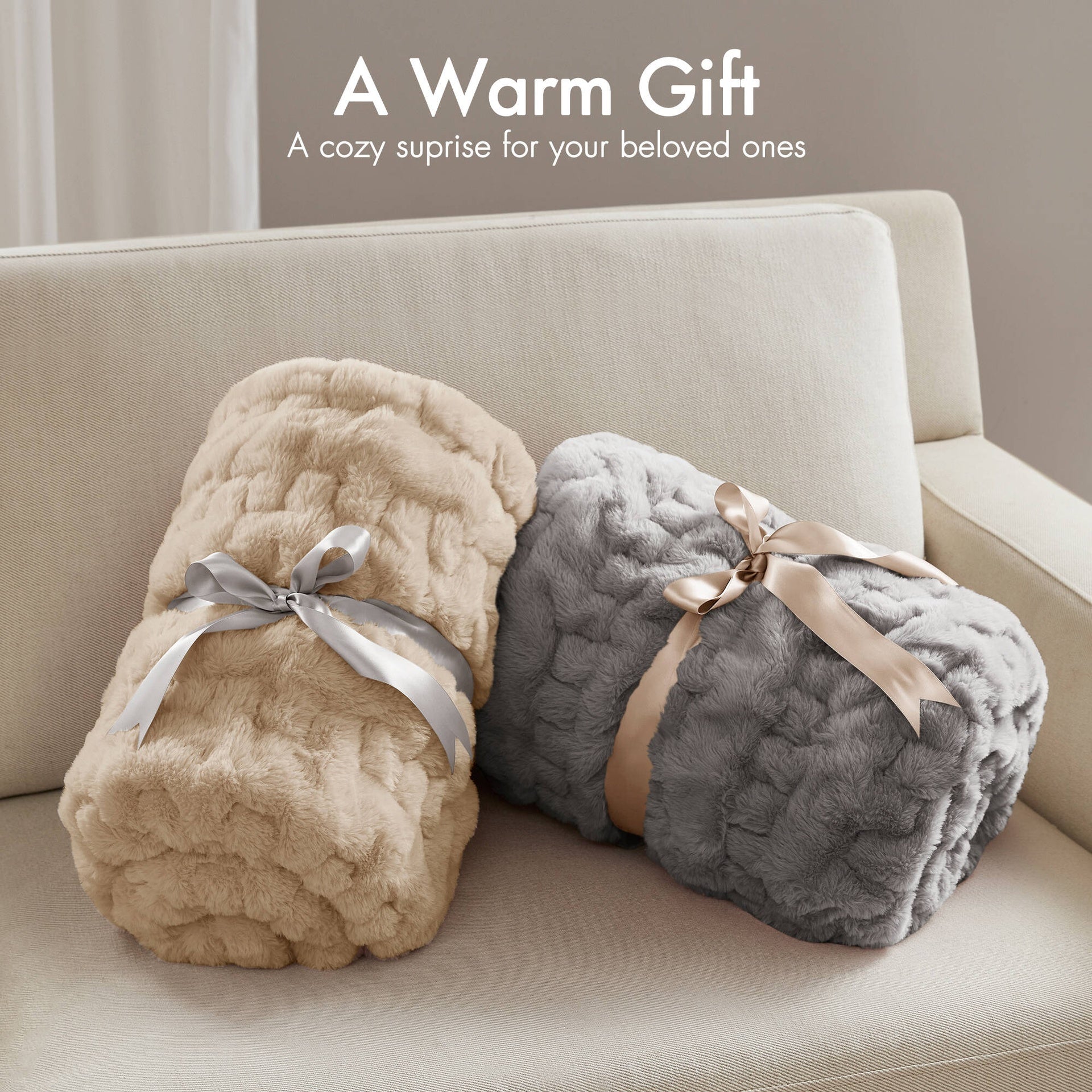 1 PC 50x60" Ruched Fur Throw Tan