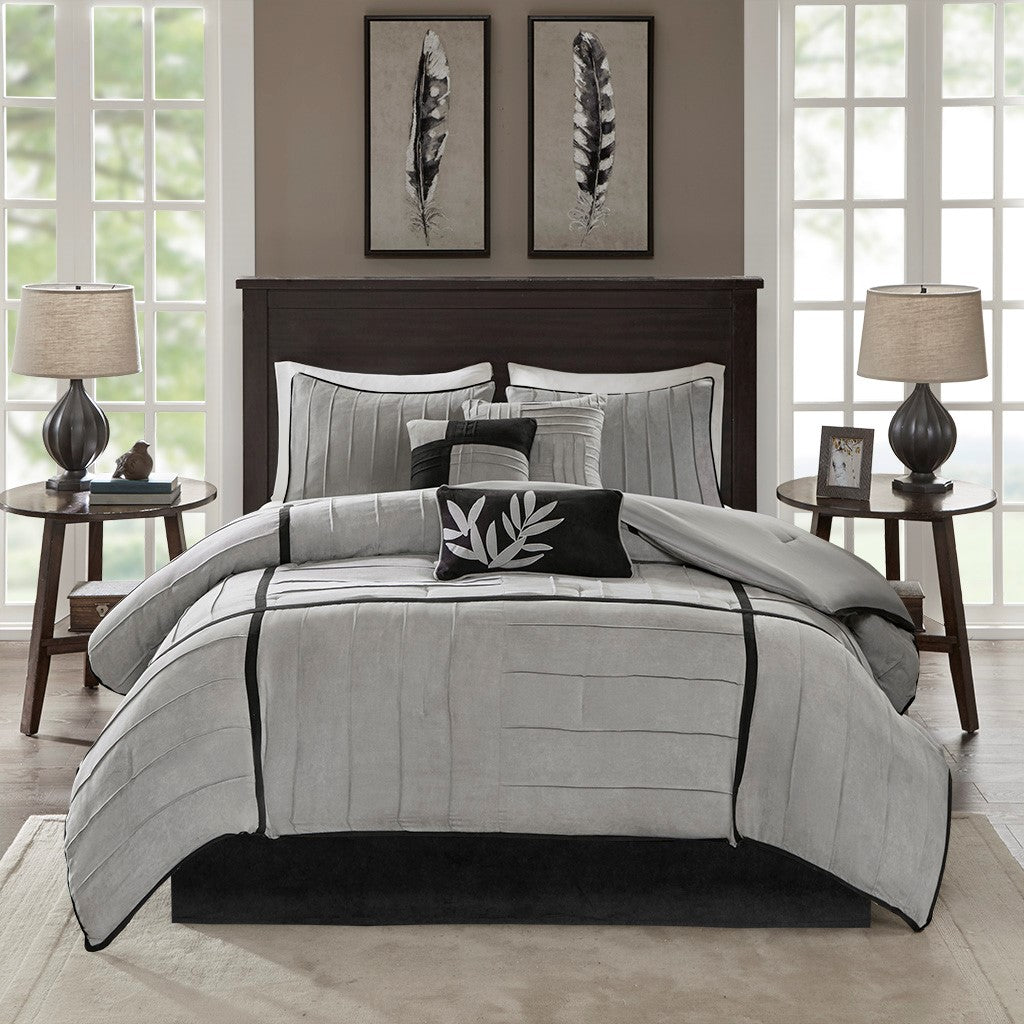 7 Piece Faux Suede Comforter Set Grey King