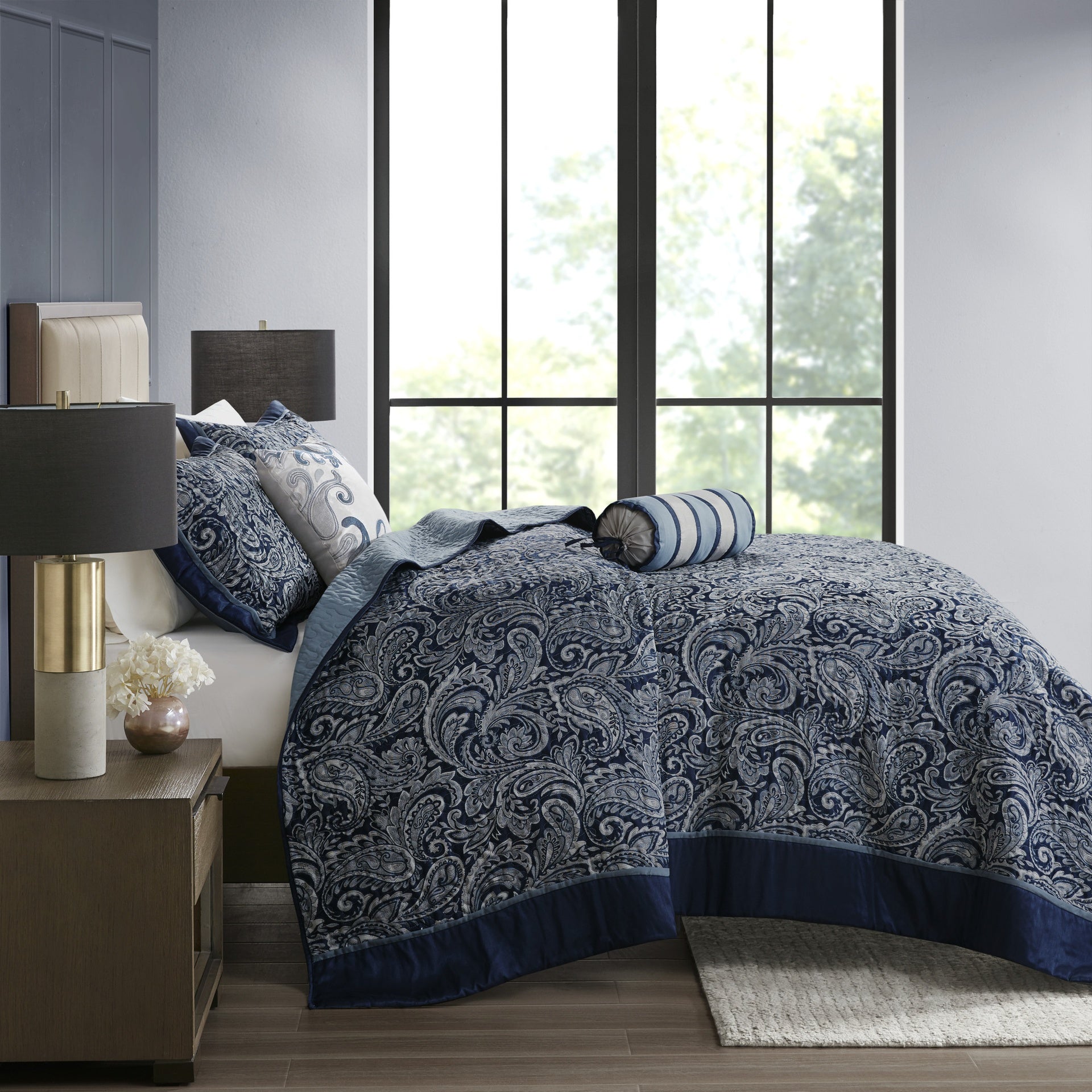 5 Piece Jacquard Bedspread Set with Throw Pillows Navy Queen