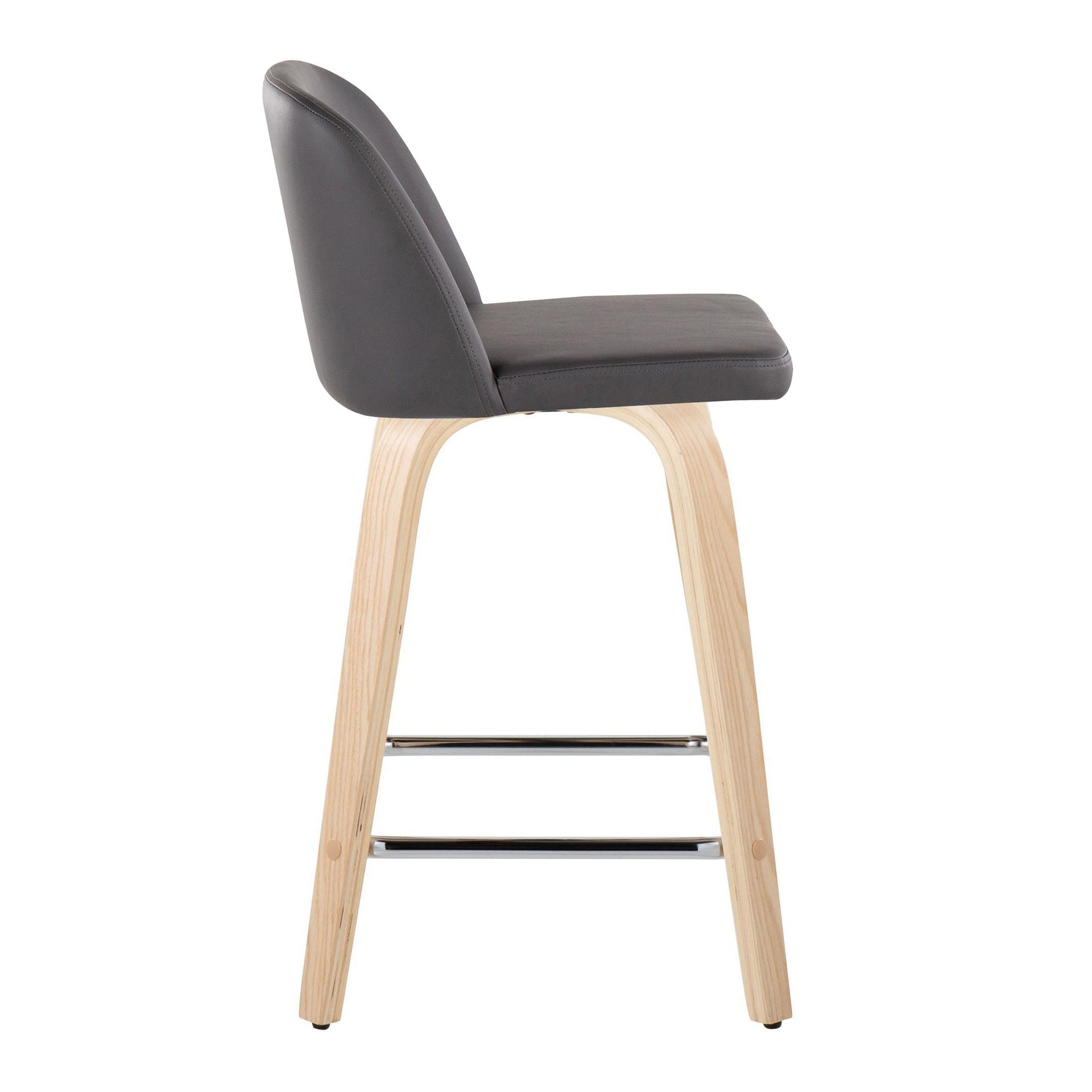 Toriano 24" Contemporary Fixed Height Counter Stool with Swivel in Natural Wood and Grey Faux Leather with Square Chrome Metal Footrest by LumiSource - Set of 2