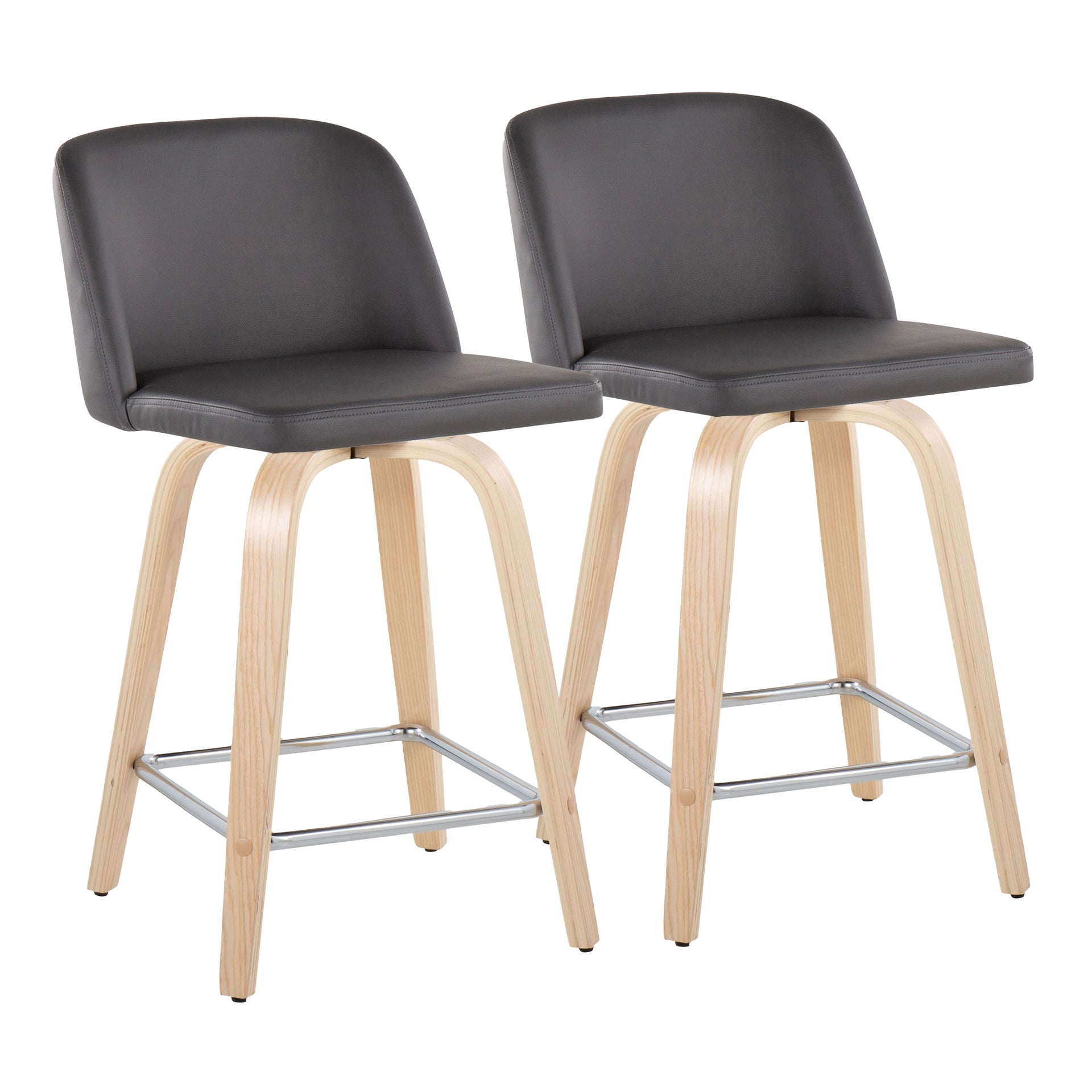 Toriano 24" Contemporary Fixed Height Counter Stool with Swivel in Natural Wood and Grey Faux Leather with Square Chrome Metal Footrest by LumiSource - Set of 2