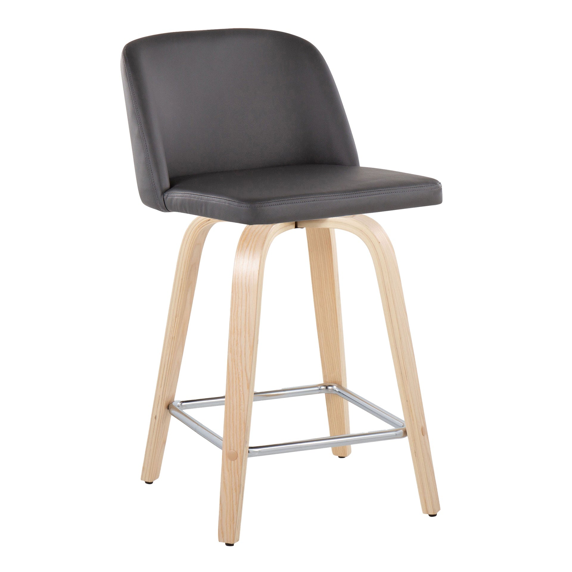 Toriano 24" Contemporary Fixed Height Counter Stool with Swivel in Natural Wood and Grey Faux Leather with Square Chrome Metal Footrest by LumiSource - Set of 2