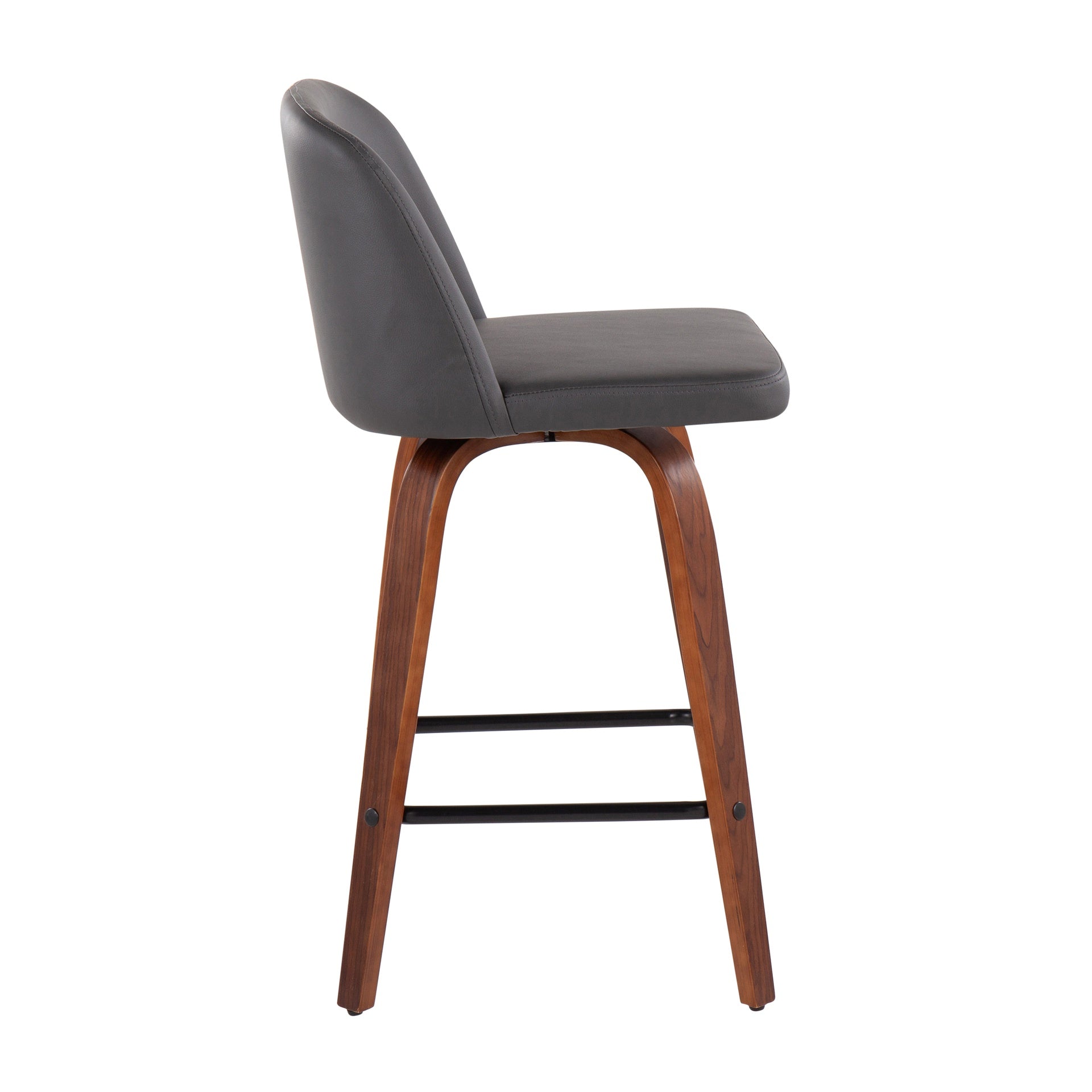 Toriano Mid-Century Modern Fixed-Height Counter Stool in Walnut Wood with Square Black Footrest and Grey Faux Leather by LumiSource - Set of 2