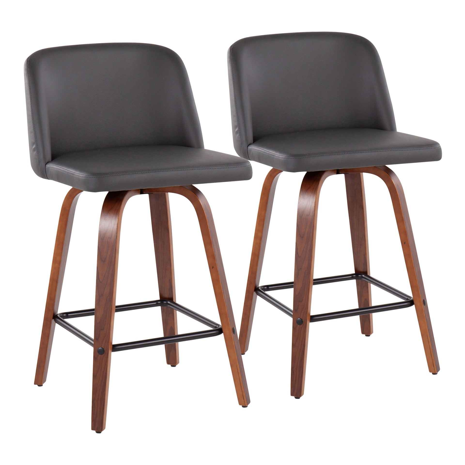 Toriano Mid-Century Modern Fixed-Height Counter Stool in Walnut Wood with Square Black Footrest and Grey Faux Leather by LumiSource - Set of 2