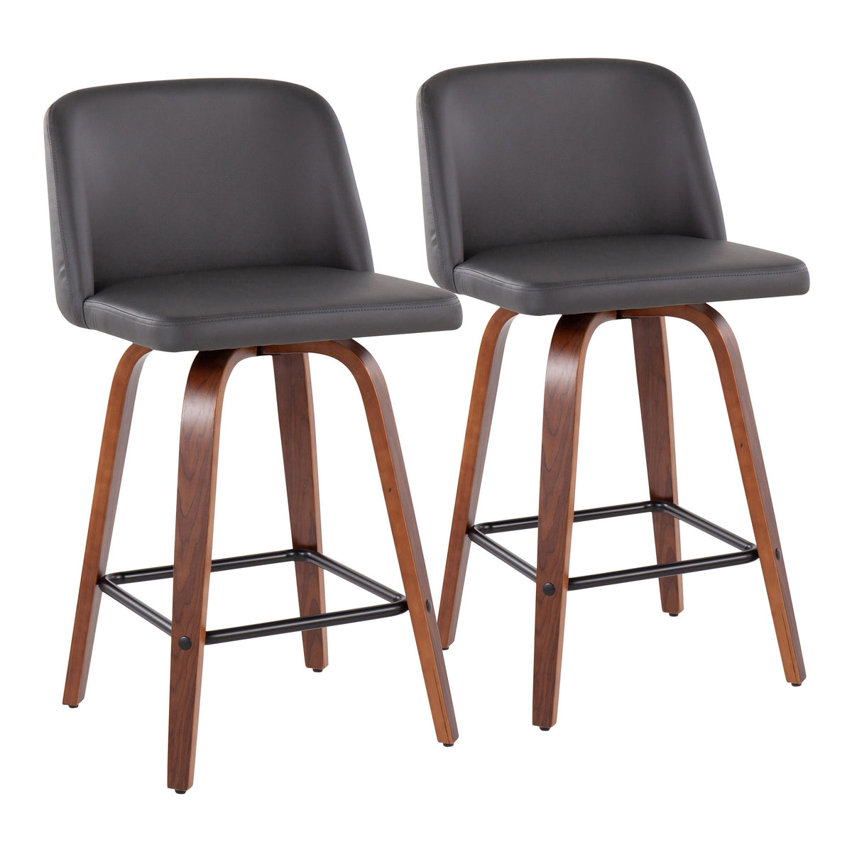 Toriano Mid-Century Modern Fixed-Height Counter Stool in Walnut Wood with Square Black Footrest and Grey Faux Leather by LumiSource - Set of 2