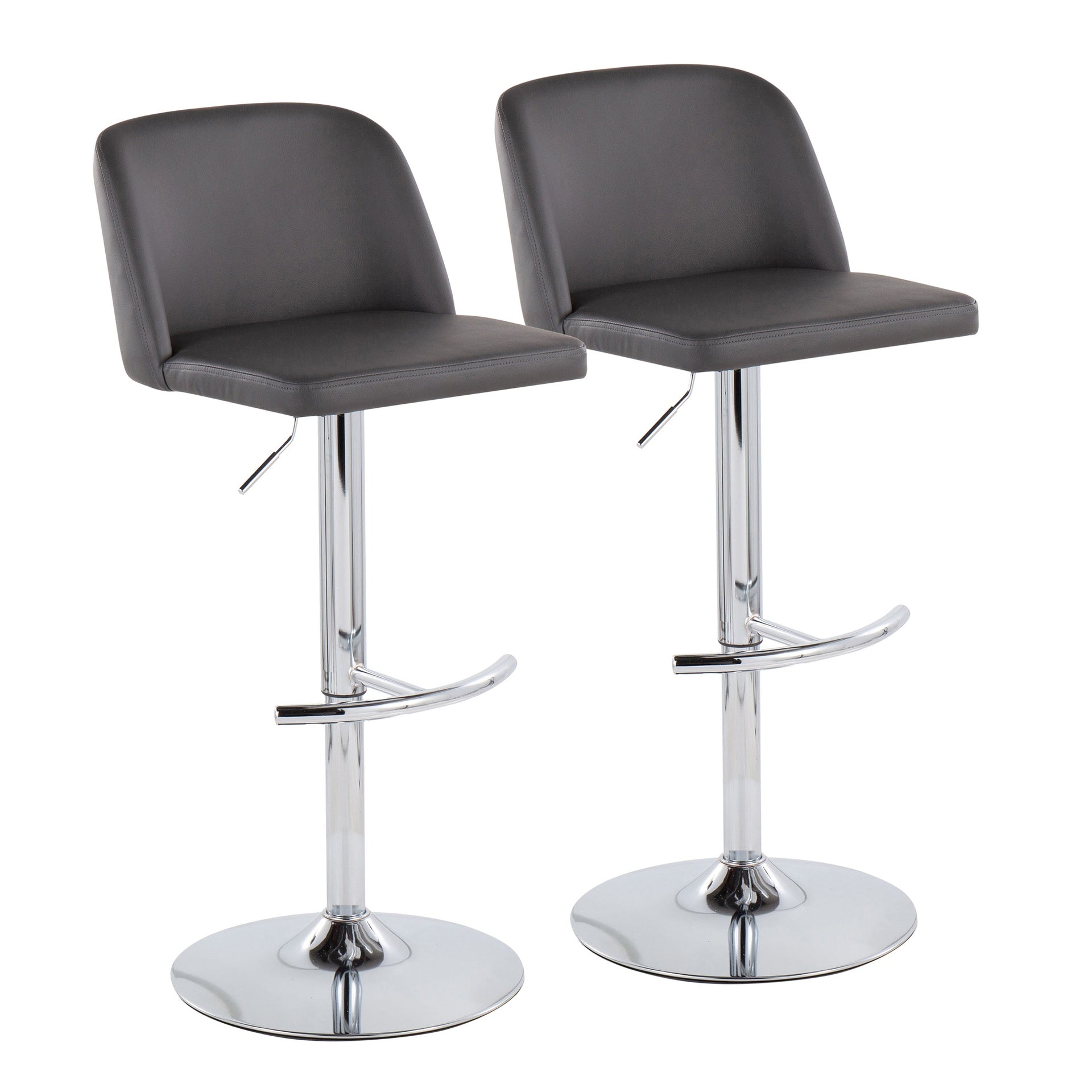 Toriano Contemporary Adjustable Bar Stool in Chrome with Rounded T Footrest and Grey Faux Leather by LumiSource - Set of 2