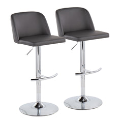 Toriano Contemporary Adjustable Bar Stool in Chrome with Rounded T Footrest and Grey Faux Leather by LumiSource - Set of 2