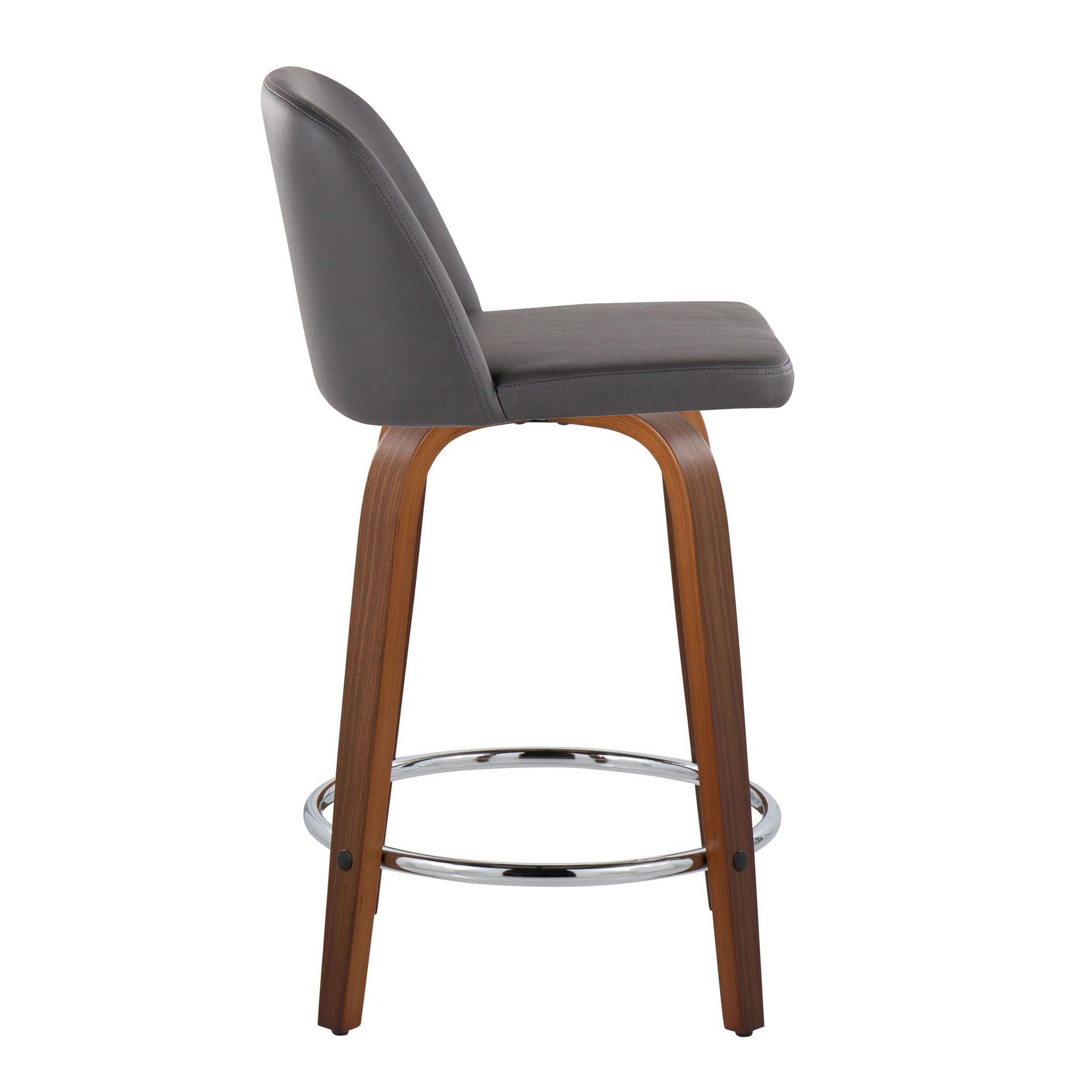 Toriano 24" Mid-Century Modern Fixed Height Counter Stool with Swivel in Walnut Wood and Grey Faux Leather with Round Chrome Metal Footrest by LumiSource - Set of 2