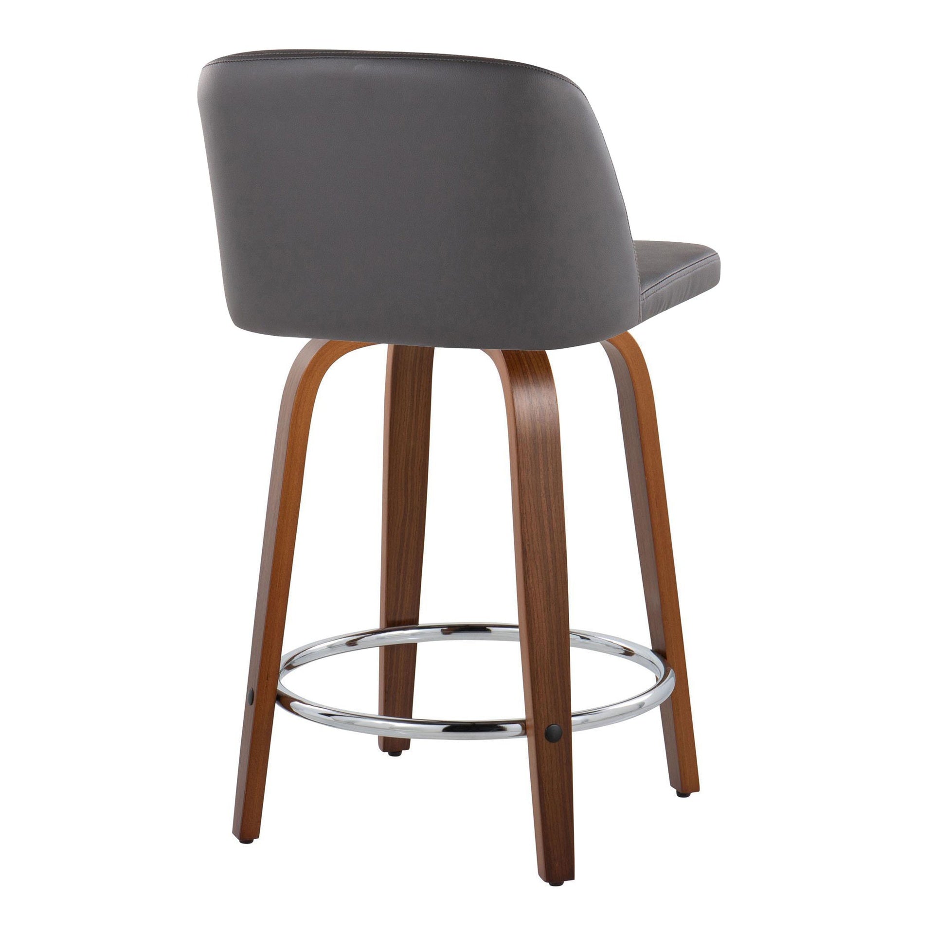 Toriano 24" Mid-Century Modern Fixed Height Counter Stool with Swivel in Walnut Wood and Grey Faux Leather with Round Chrome Metal Footrest by LumiSource - Set of 2