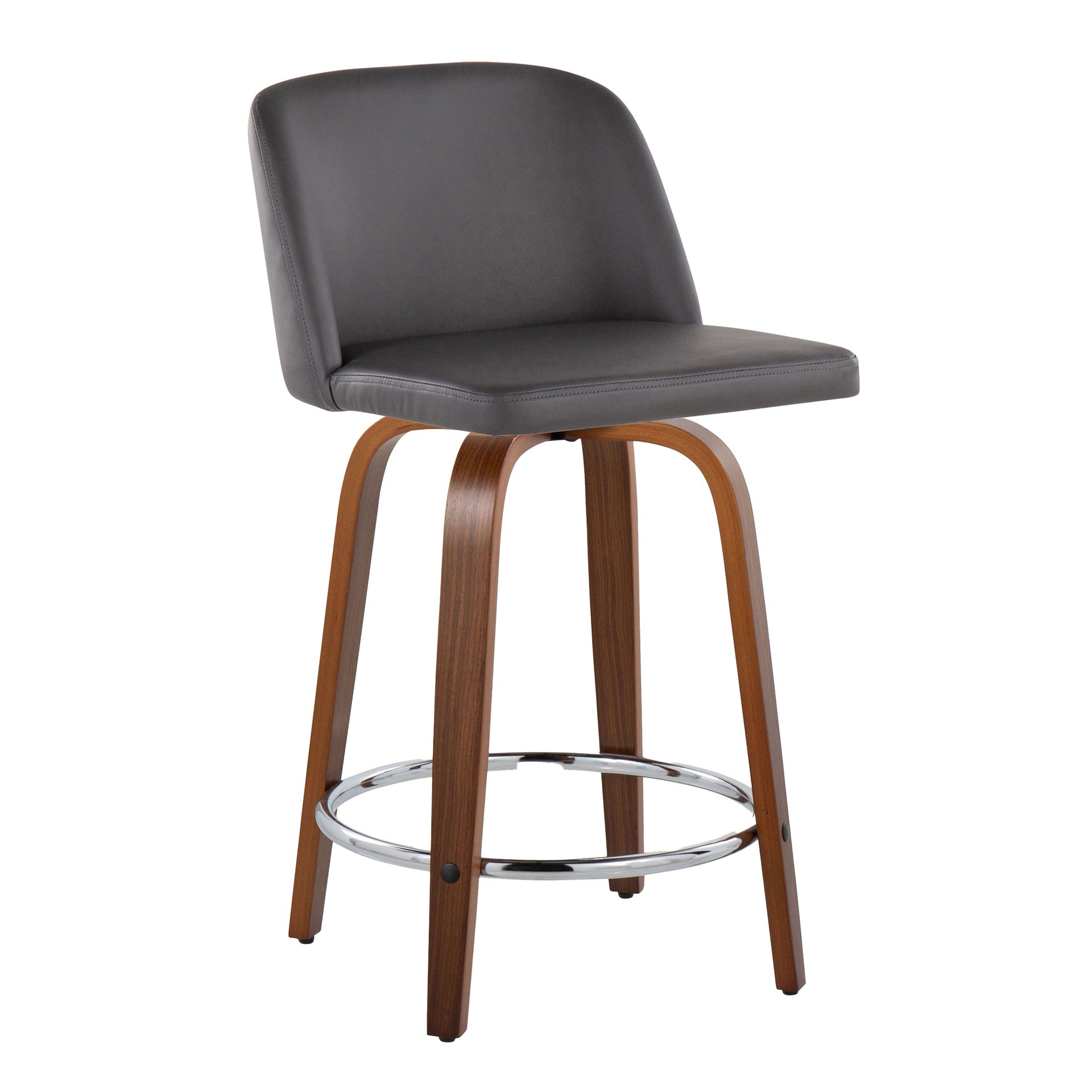 Toriano 24" Mid-Century Modern Fixed Height Counter Stool with Swivel in Walnut Wood and Grey Faux Leather with Round Chrome Metal Footrest by LumiSource - Set of 2