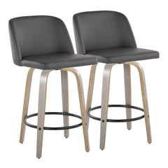 Toriano 26" Contemporary Fixed Height Counter Stool with Swivel in Light Grey Wood and Grey Faux Leather with Round Black Metal Footrest by LumiSource - Set of 2