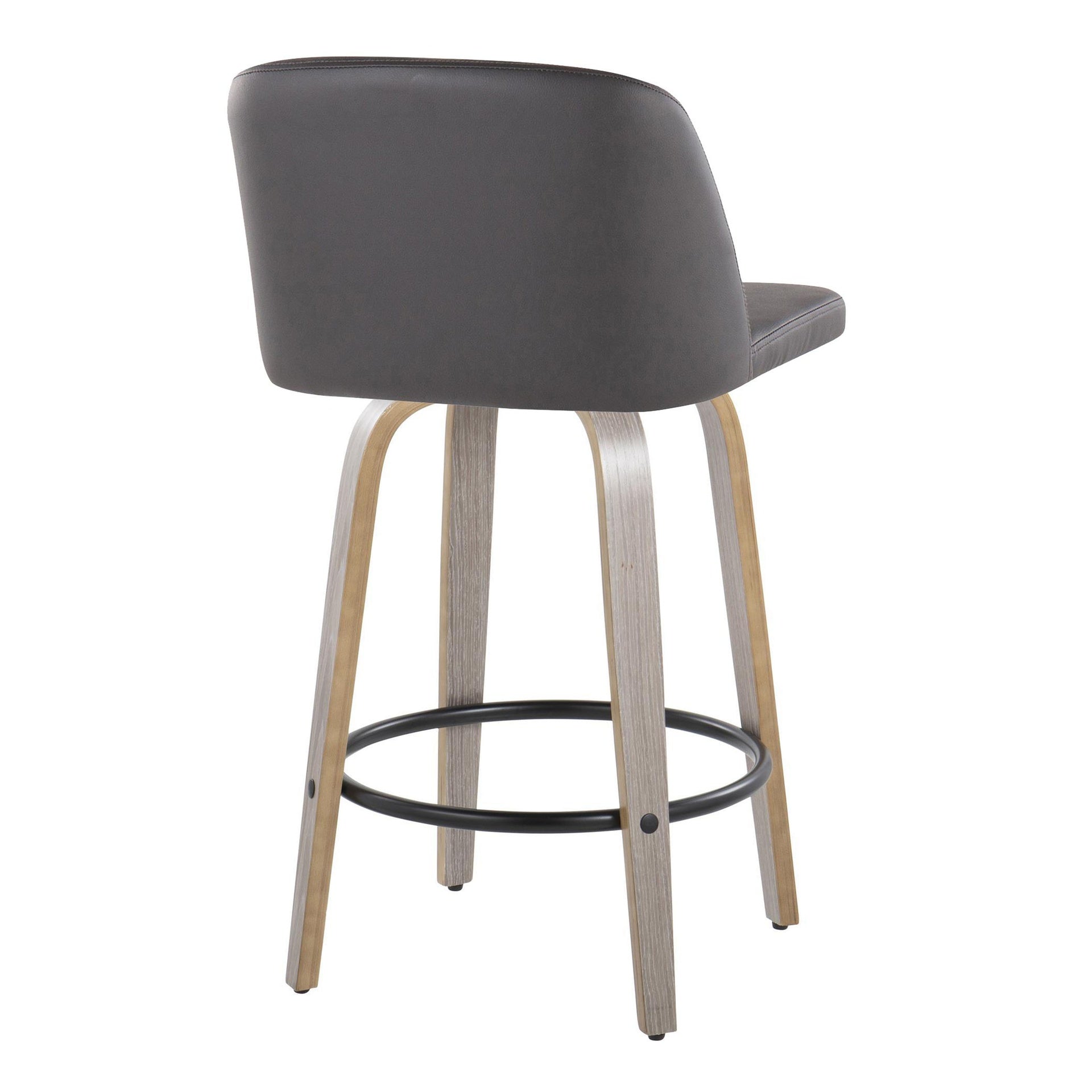 Toriano 26" Contemporary Fixed Height Counter Stool with Swivel in Light Grey Wood and Grey Faux Leather with Round Black Metal Footrest by LumiSource - Set of 2