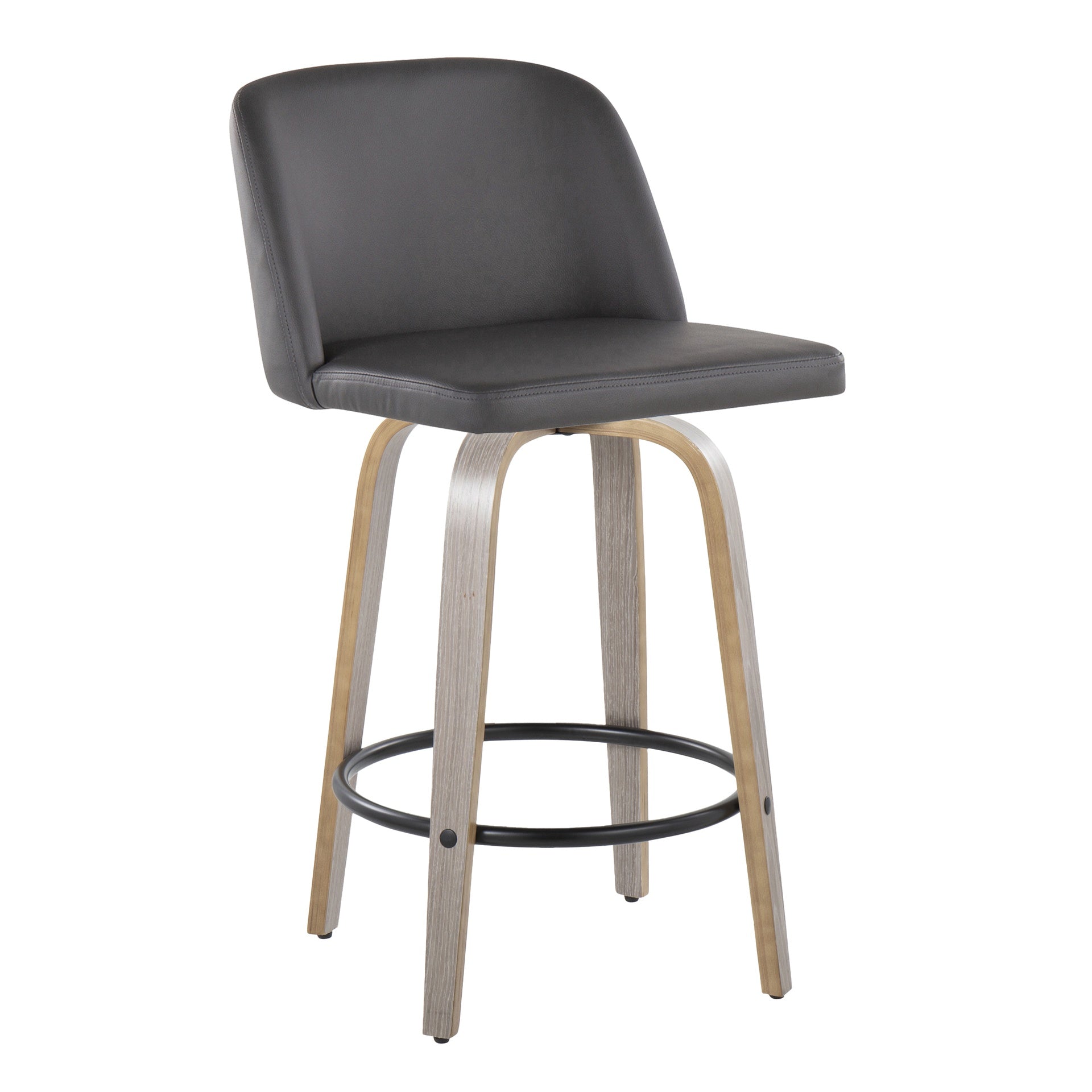 Toriano 26" Contemporary Fixed Height Counter Stool with Swivel in Light Grey Wood and Grey Faux Leather with Round Black Metal Footrest by LumiSource - Set of 2