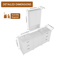 72" Freestanding Bathroom Vanity with Resin Sink, 1-Storage Cabinet and 1-Wall Cabinet Combination, Soft Closing Drawers and Door, Glossy White, Plywood(KD-Packing)