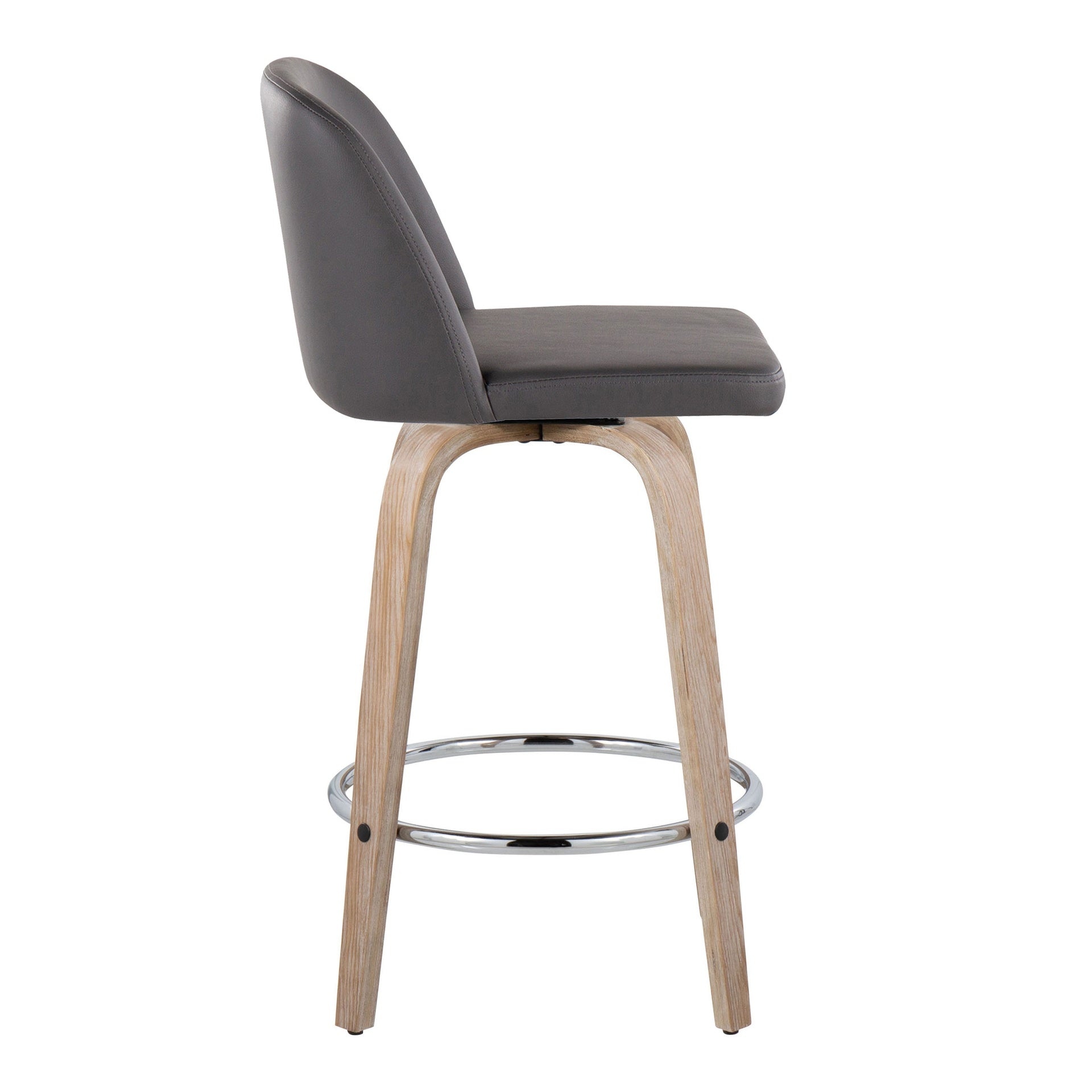 Toriano 26" Contemporary Fixed-Height Counter Stool with Swivel in Whitewashed Wood and Grey Faux Leather with Round Chrome Metal Footrest by LumiSource - Set of 2