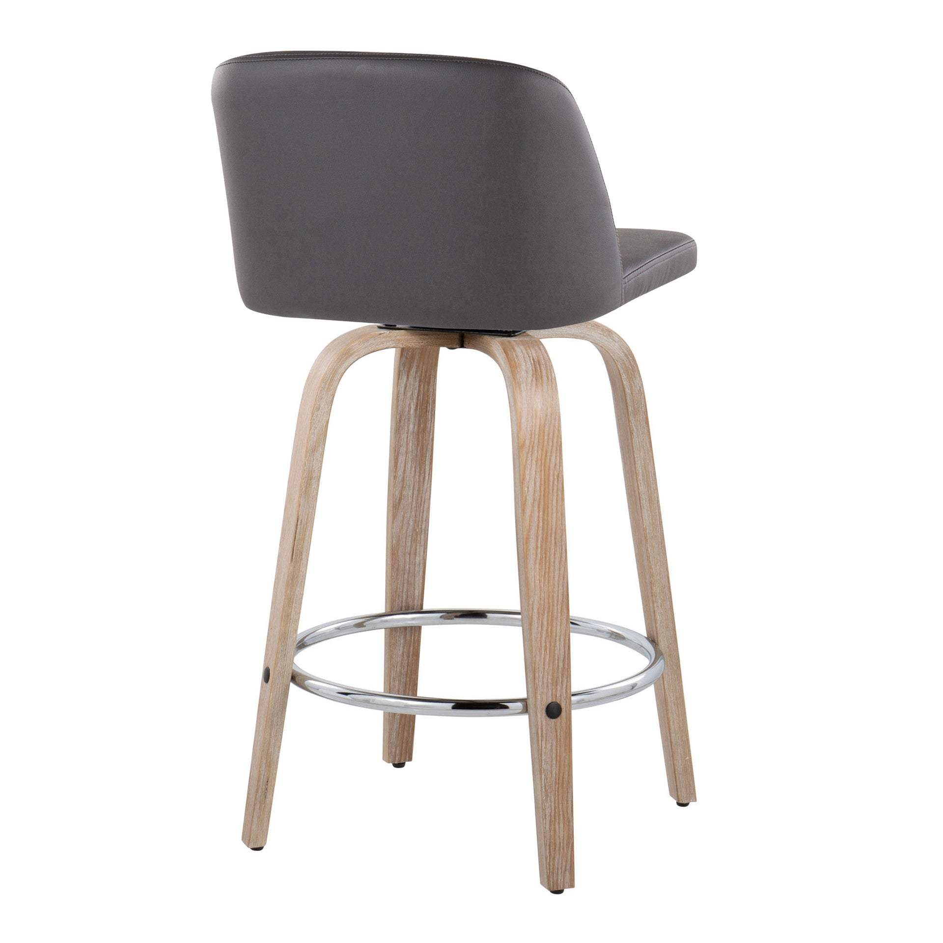 Toriano 26" Contemporary Fixed-Height Counter Stool with Swivel in Whitewashed Wood and Grey Faux Leather with Round Chrome Metal Footrest by LumiSource - Set of 2