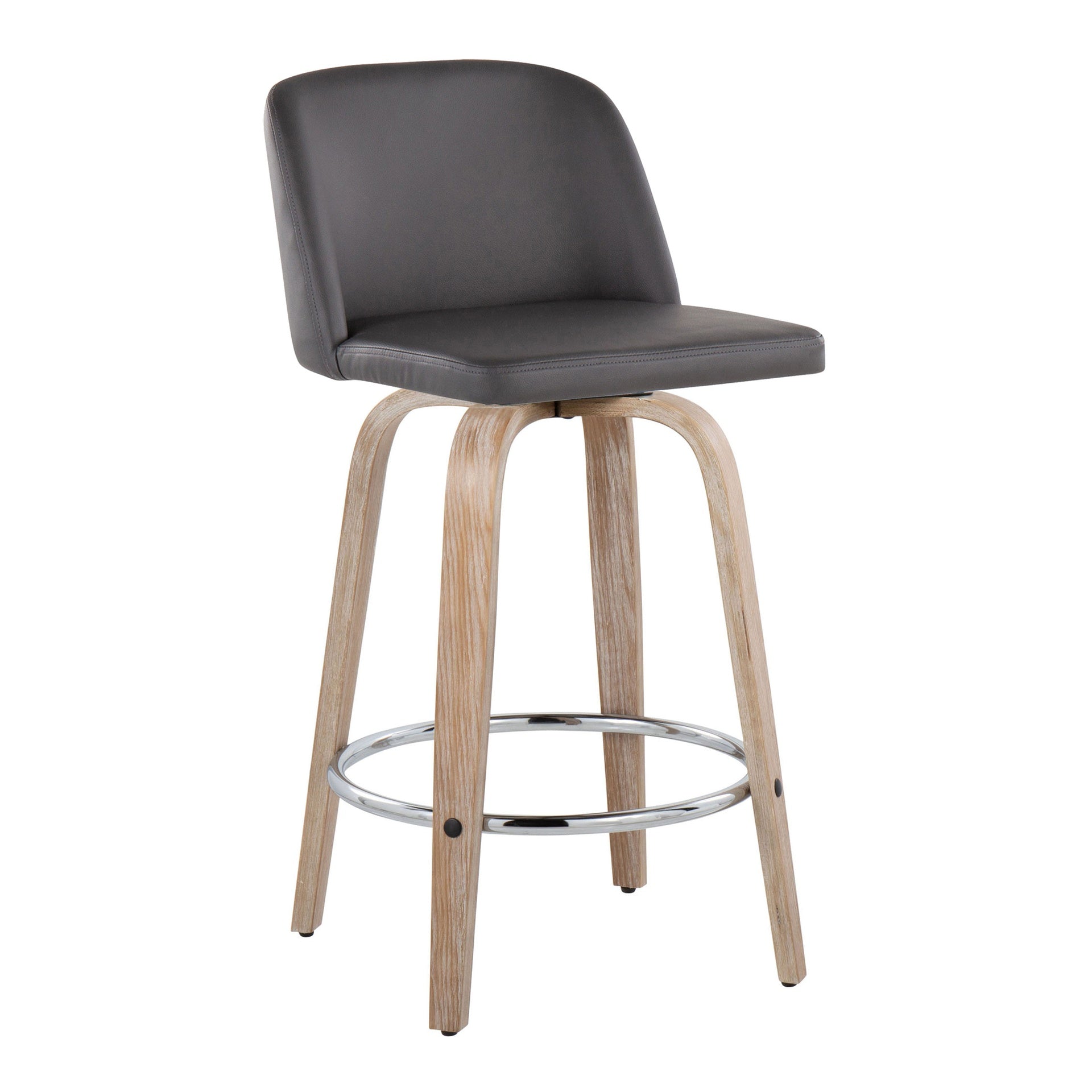Toriano 26" Contemporary Fixed-Height Counter Stool with Swivel in Whitewashed Wood and Grey Faux Leather with Round Chrome Metal Footrest by LumiSource - Set of 2