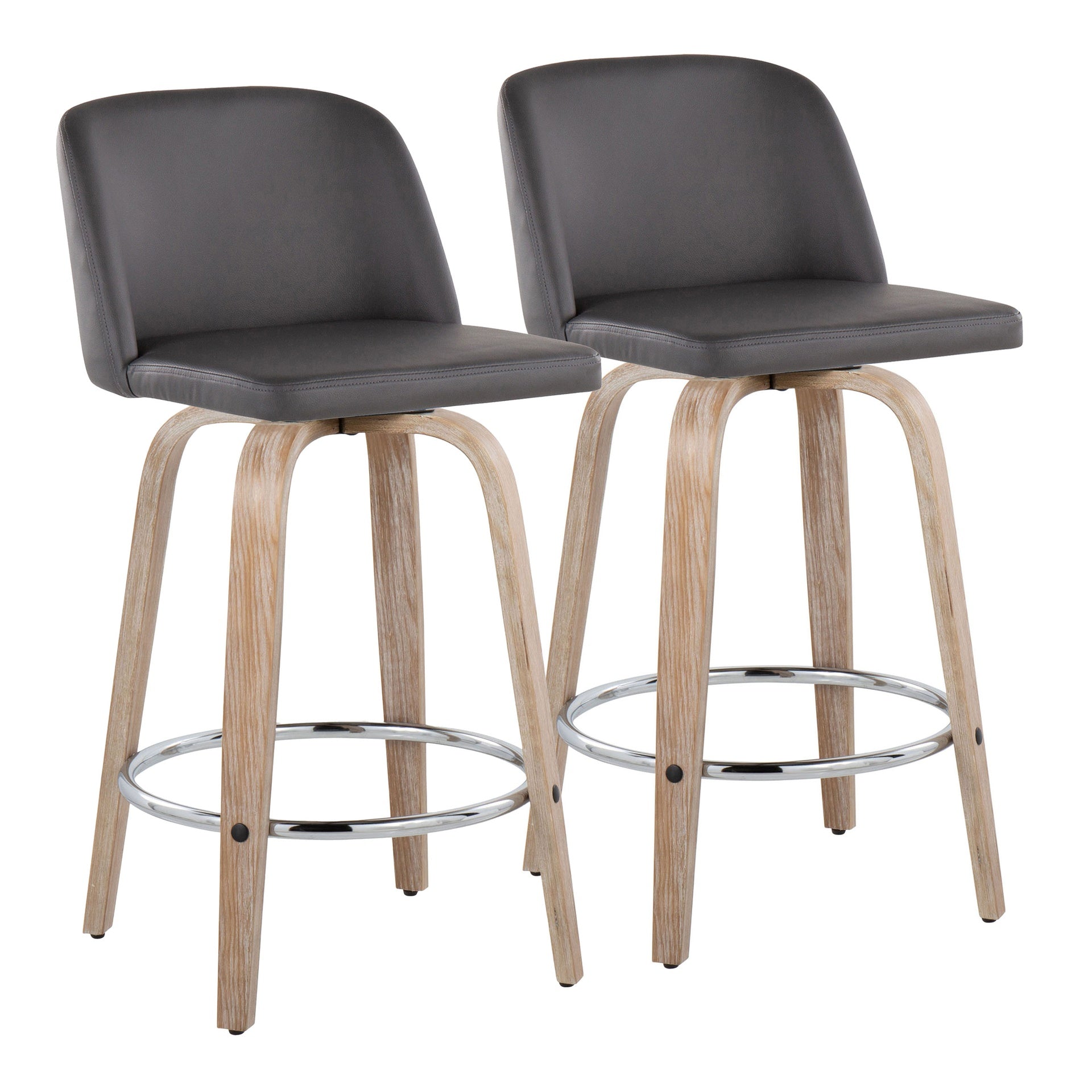 Toriano 26" Contemporary Fixed-Height Counter Stool with Swivel in Whitewashed Wood and Grey Faux Leather with Round Chrome Metal Footrest by LumiSource - Set of 2