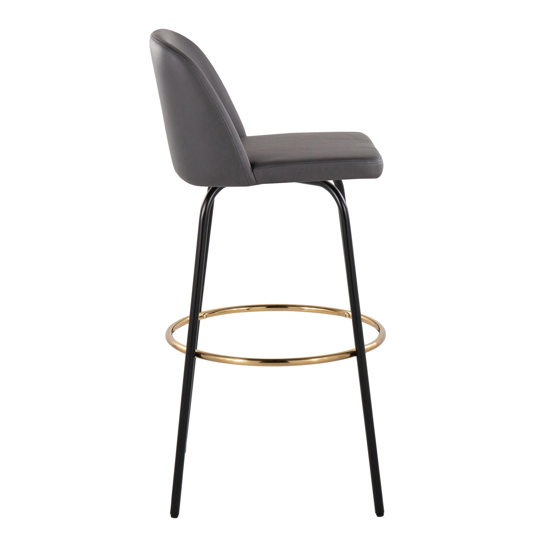 Toriano 30" Contemporary Fixed Height Barstool with Swivel in Grey Faux Leather and Black Metal with Round Gold Footrest by LumiSource - Set of 2