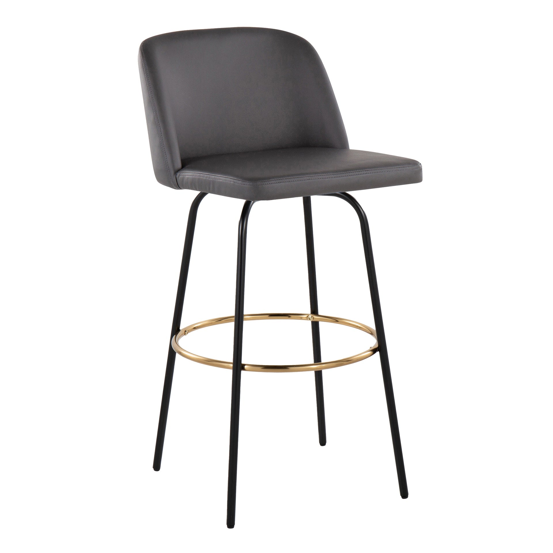 Toriano 30" Contemporary Fixed Height Barstool with Swivel in Grey Faux Leather and Black Metal with Round Gold Footrest by LumiSource - Set of 2
