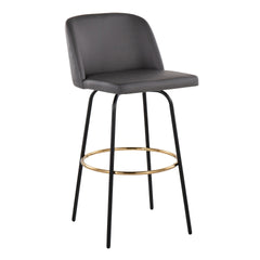 Toriano 30" Contemporary Fixed Height Barstool with Swivel in Grey Faux Leather and Black Metal with Round Gold Footrest by LumiSource - Set of 2