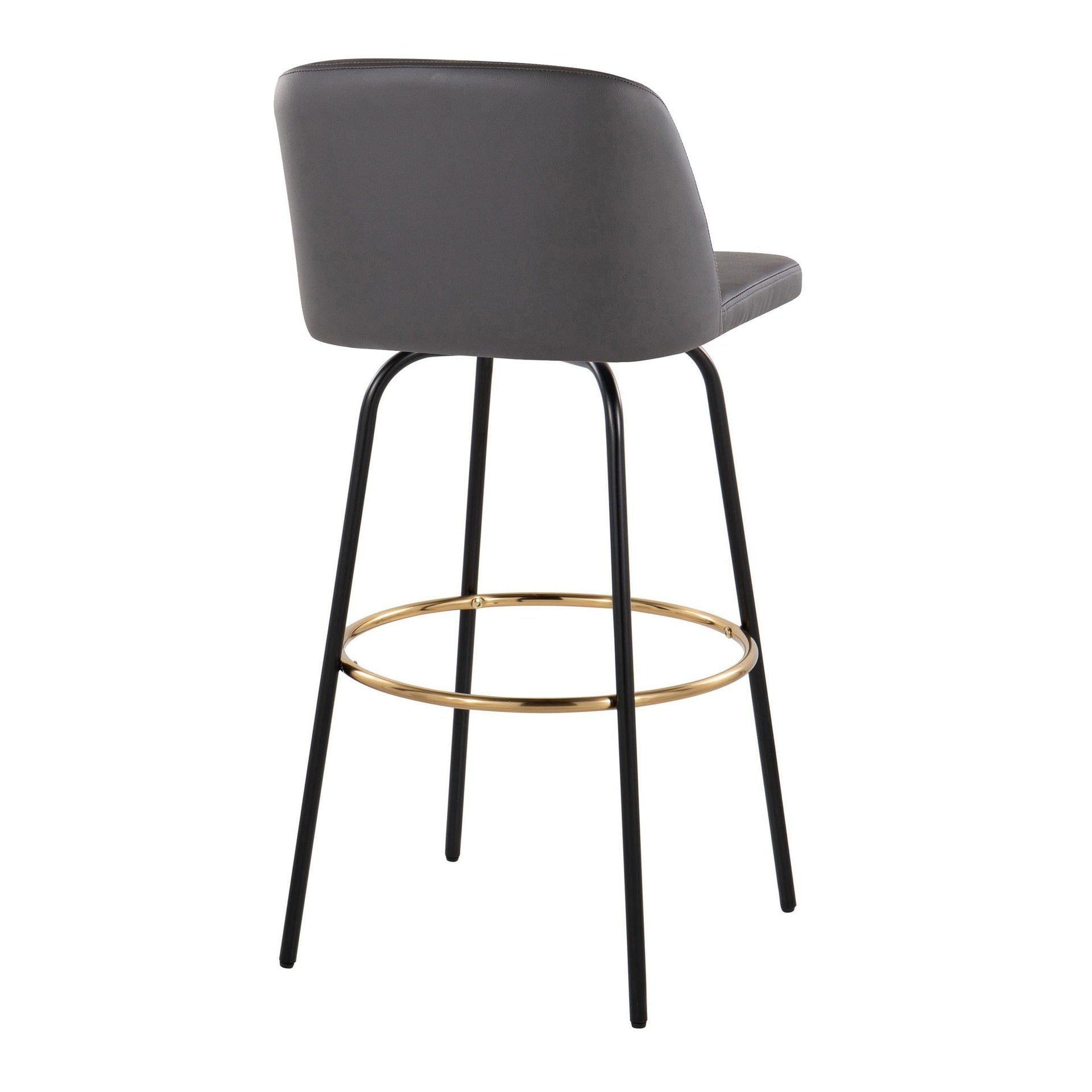Toriano 30" Contemporary Fixed Height Barstool with Swivel in Grey Faux Leather and Black Metal with Round Gold Footrest by LumiSource - Set of 2