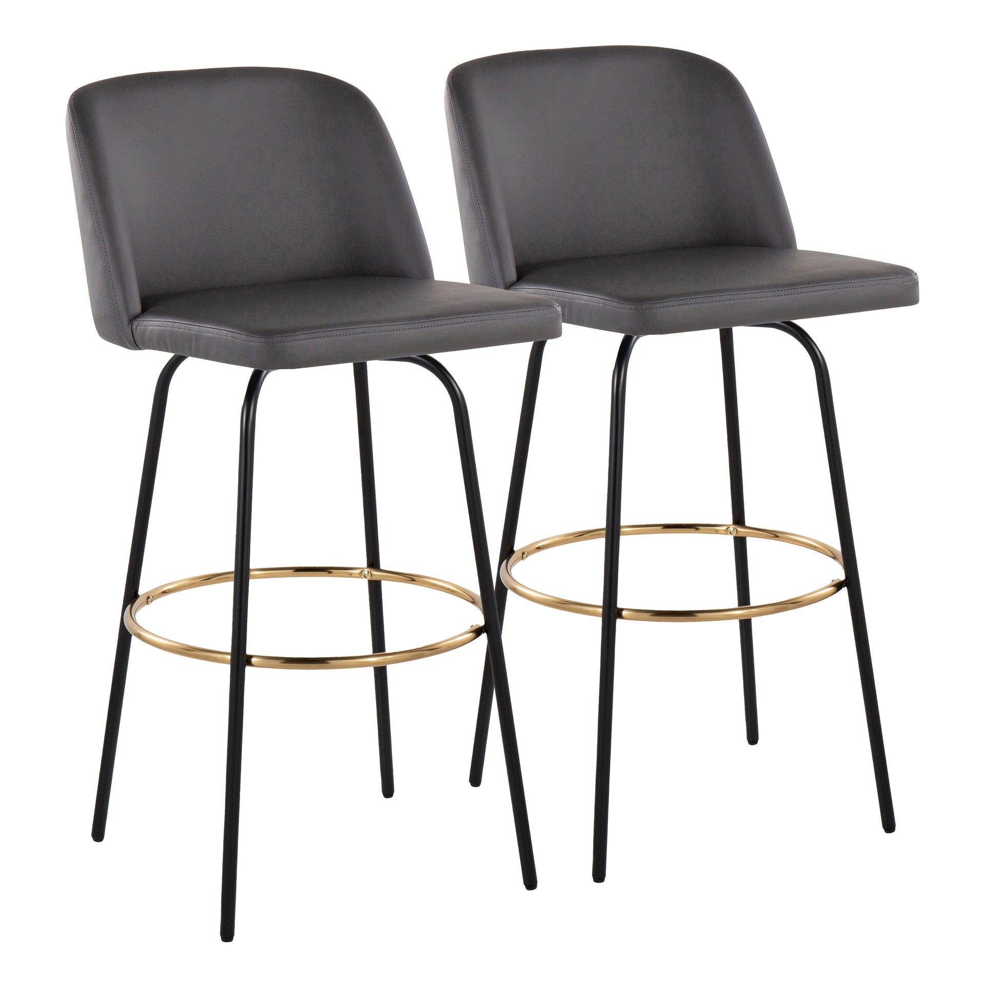 Toriano 30" Contemporary Fixed Height Barstool with Swivel in Grey Faux Leather and Black Metal with Round Gold Footrest by LumiSource - Set of 2