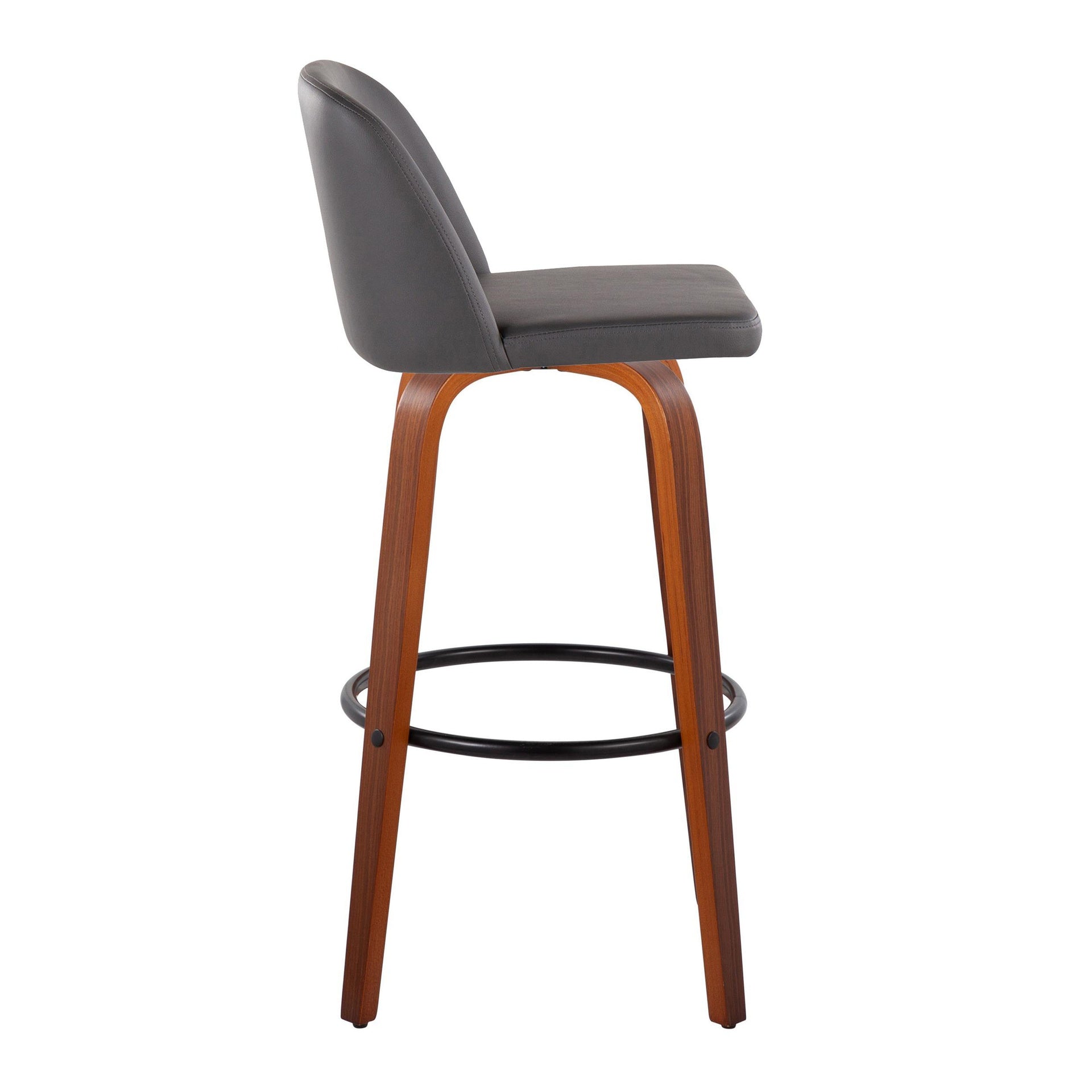 Toriano 30" Mid-Century Modern Fixed Height Barstool with Swivel in Walnut Wood and Grey Faux Leather with Round Black Metal Footrest by LumiSource - Set of 2