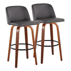Toriano 30" Mid-Century Modern Fixed Height Barstool with Swivel in Walnut Wood and Grey Faux Leather with Round Black Metal Footrest by LumiSource - Set of 2